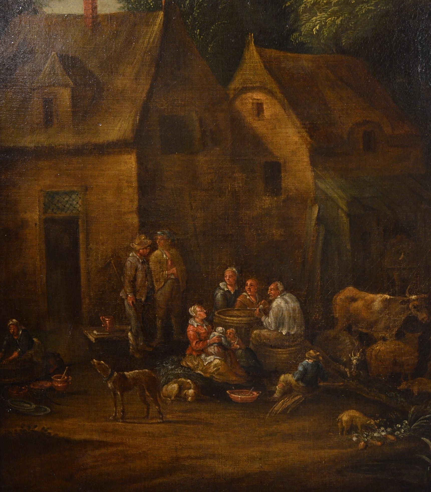 Peinture à l'huile sur toile Village de paysage fluvial 17ème siècle  en vente 9