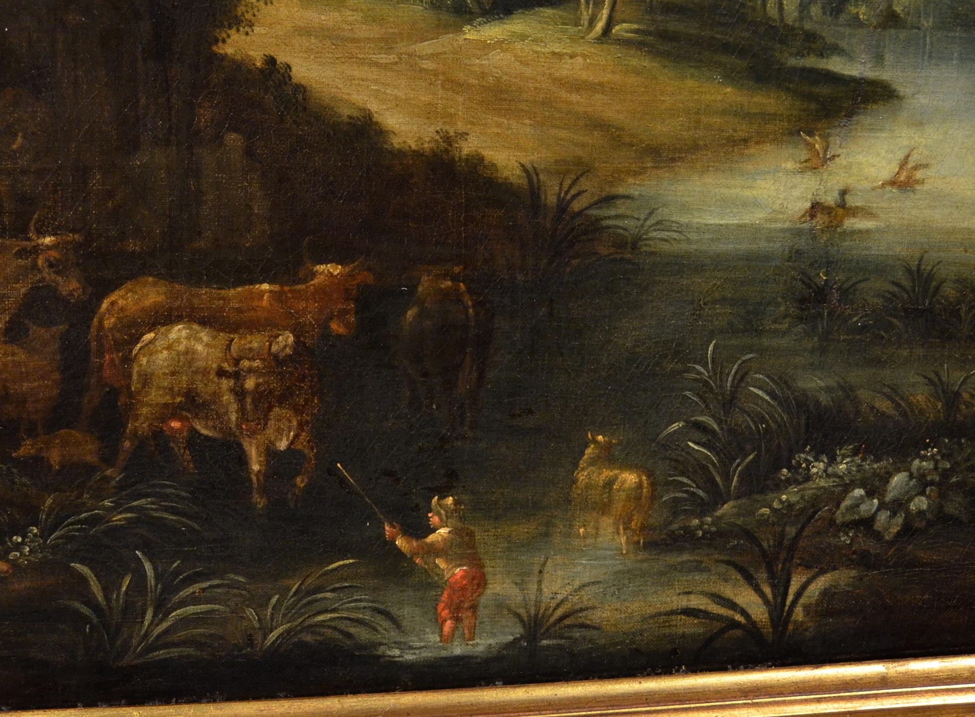 Peinture à l'huile sur toile Village de paysage fluvial 17ème siècle  en vente 12