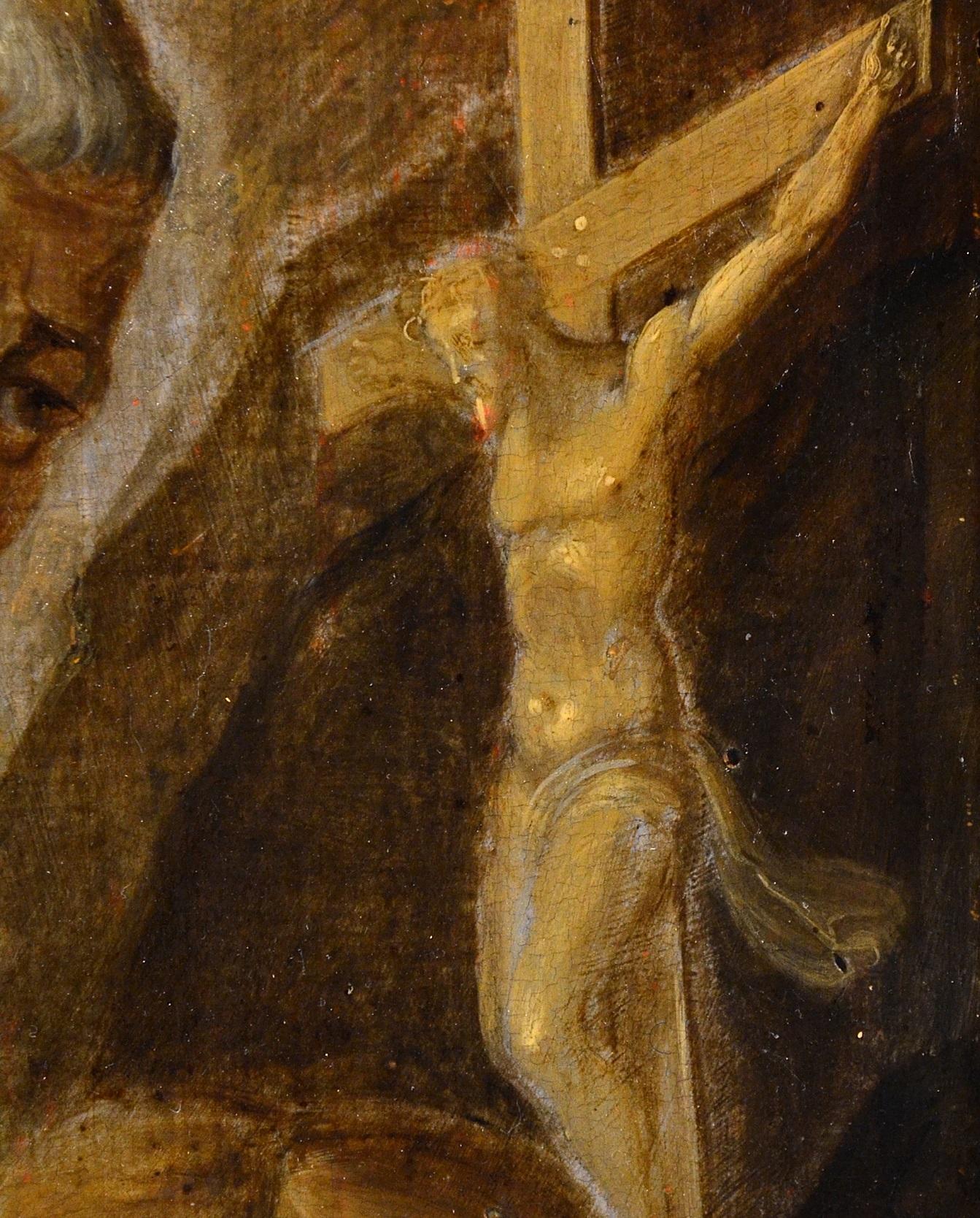 Bemalte religiöse Malerei aus dem 17. Jahrhundert, Öl auf Tafel, Heiliger Girolamo Leonardo, Italien  im Angebot 3
