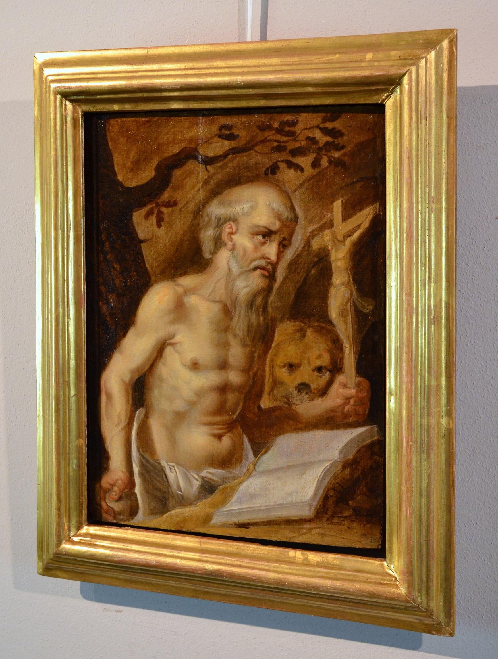 Bemalte religiöse Malerei aus dem 17. Jahrhundert, Öl auf Tafel, Heiliger Girolamo Leonardo, Italien  im Angebot 7