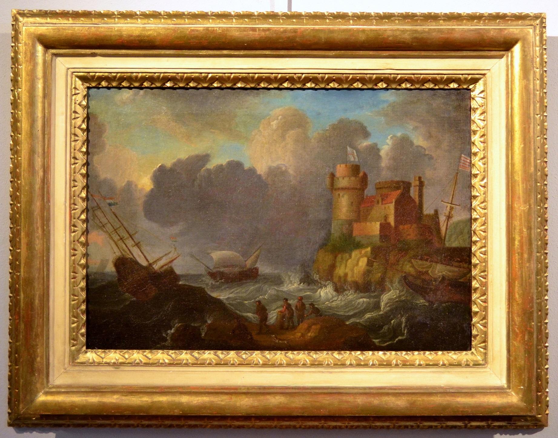 Gemälde Öl auf Leinwand 17. Jahrhundert Italien Mittelmeerlandschaften Marina Flandre im Angebot 1