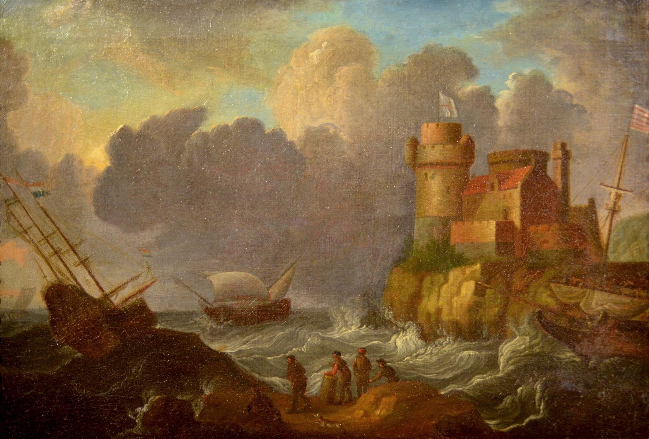 Gemälde Öl auf Leinwand 17. Jahrhundert Italien Mittelmeerlandschaften Marina Flandre im Angebot 2