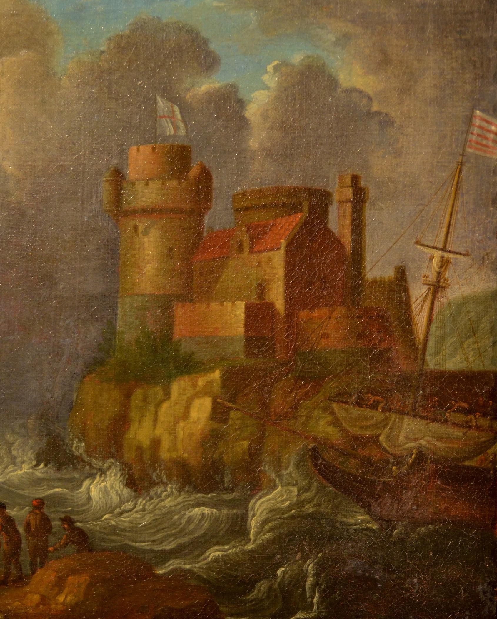 Gemälde Öl auf Leinwand 17. Jahrhundert Italien Mittelmeerlandschaften Marina Flandre im Angebot 4