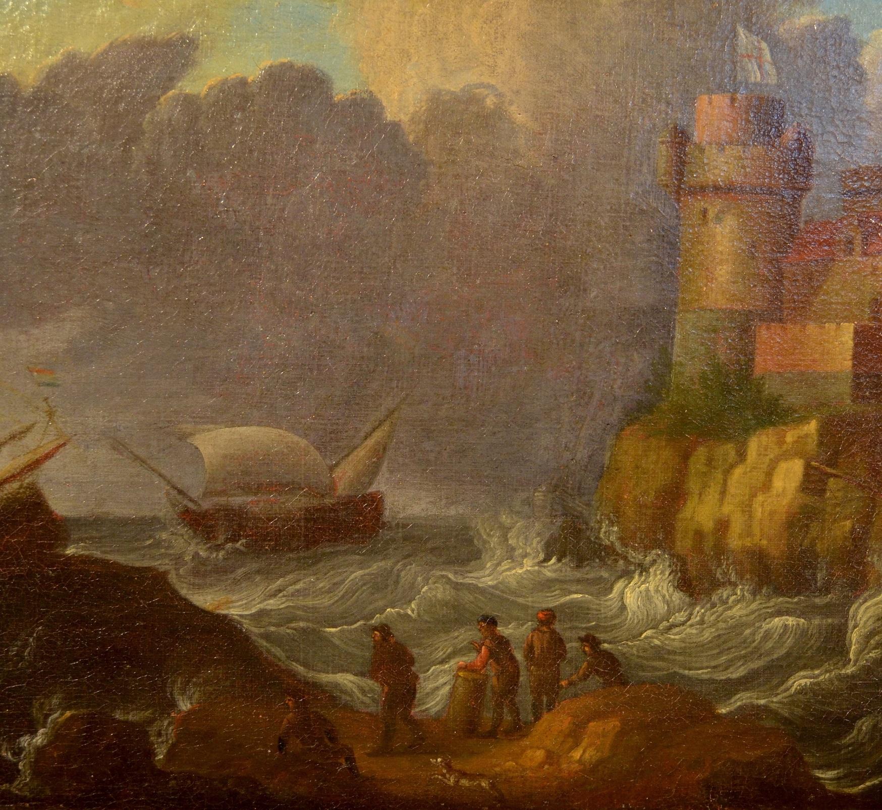 Gemälde Öl auf Leinwand 17. Jahrhundert Italien Mittelmeerlandschaften Marina Flandre im Angebot 5
