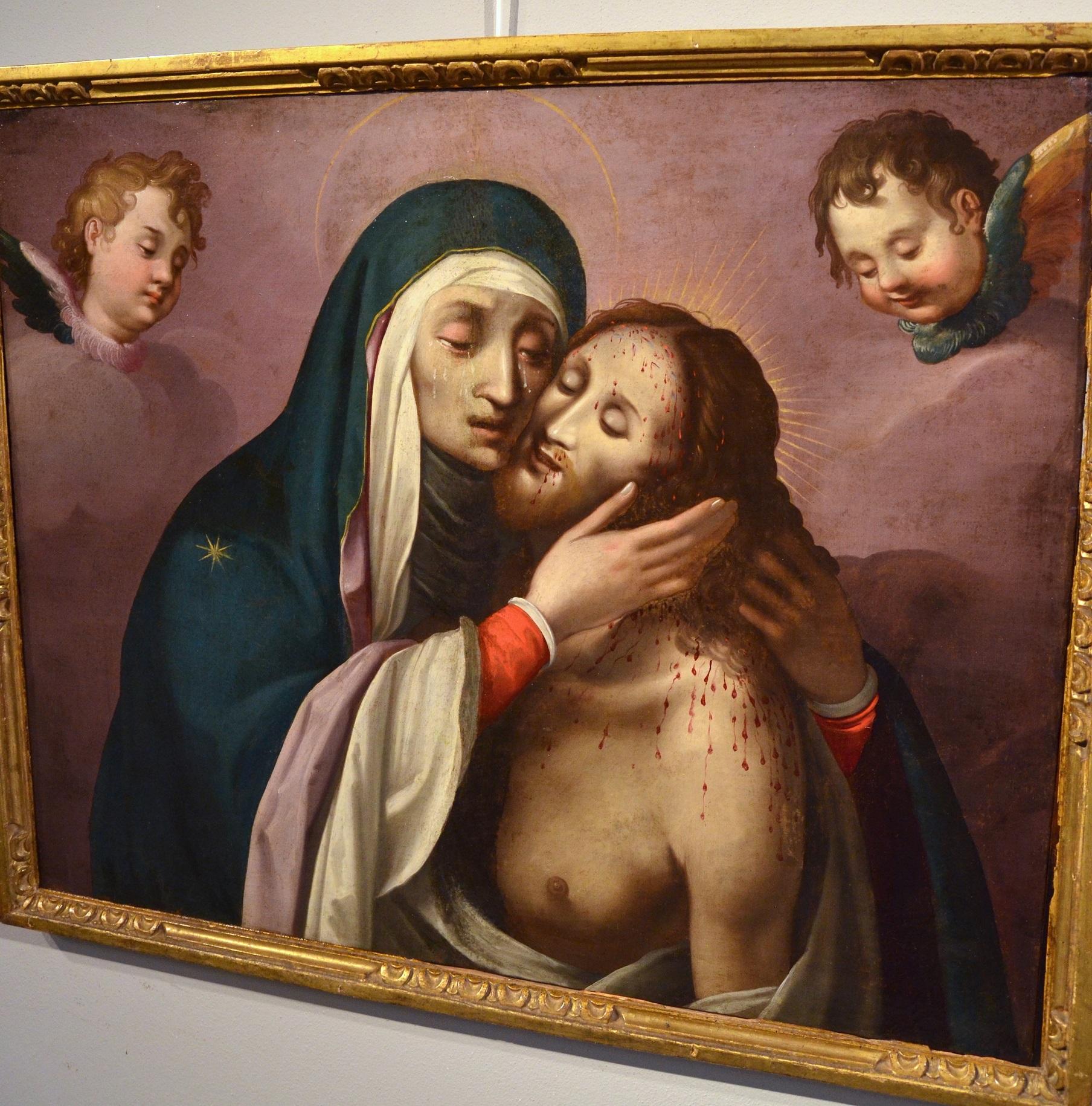 Peintre actif à Rome au XVIe siècle - entourage de Scipione Pulzone (Gaeta 1550 - Rome 1598)
La Pietà (Christ mort soutenu par la Madone)

huile sur toile, cm. 78 x 94
encadré cm. 86 x 102

En observant la qualité précieuse ainsi que l'élégance du
