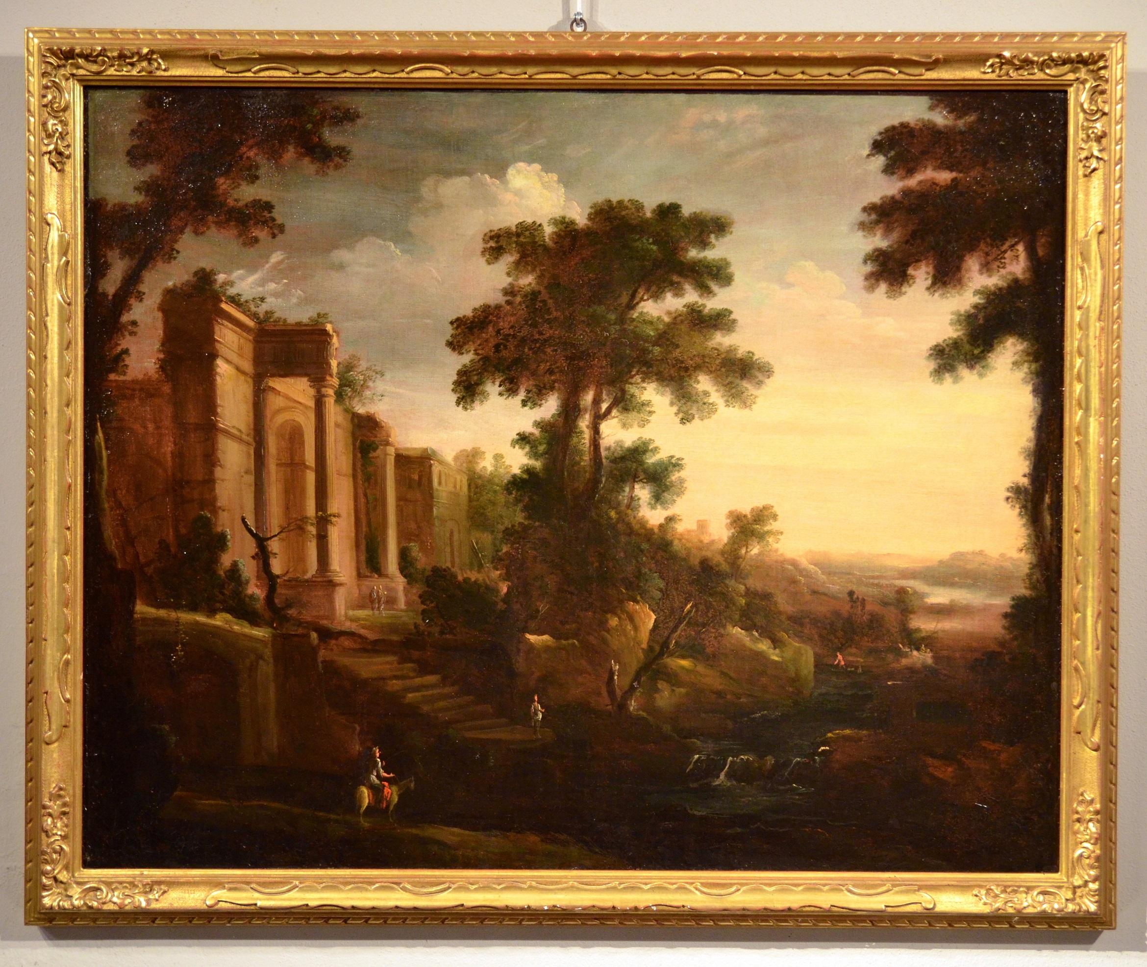 Pierre-Antoine Patel (Paris 1648 - 1707), attributable to Landscape Painting - Paint Oil on canvas 17th Century Wood Landscape Temple Italy Old master Roma Art