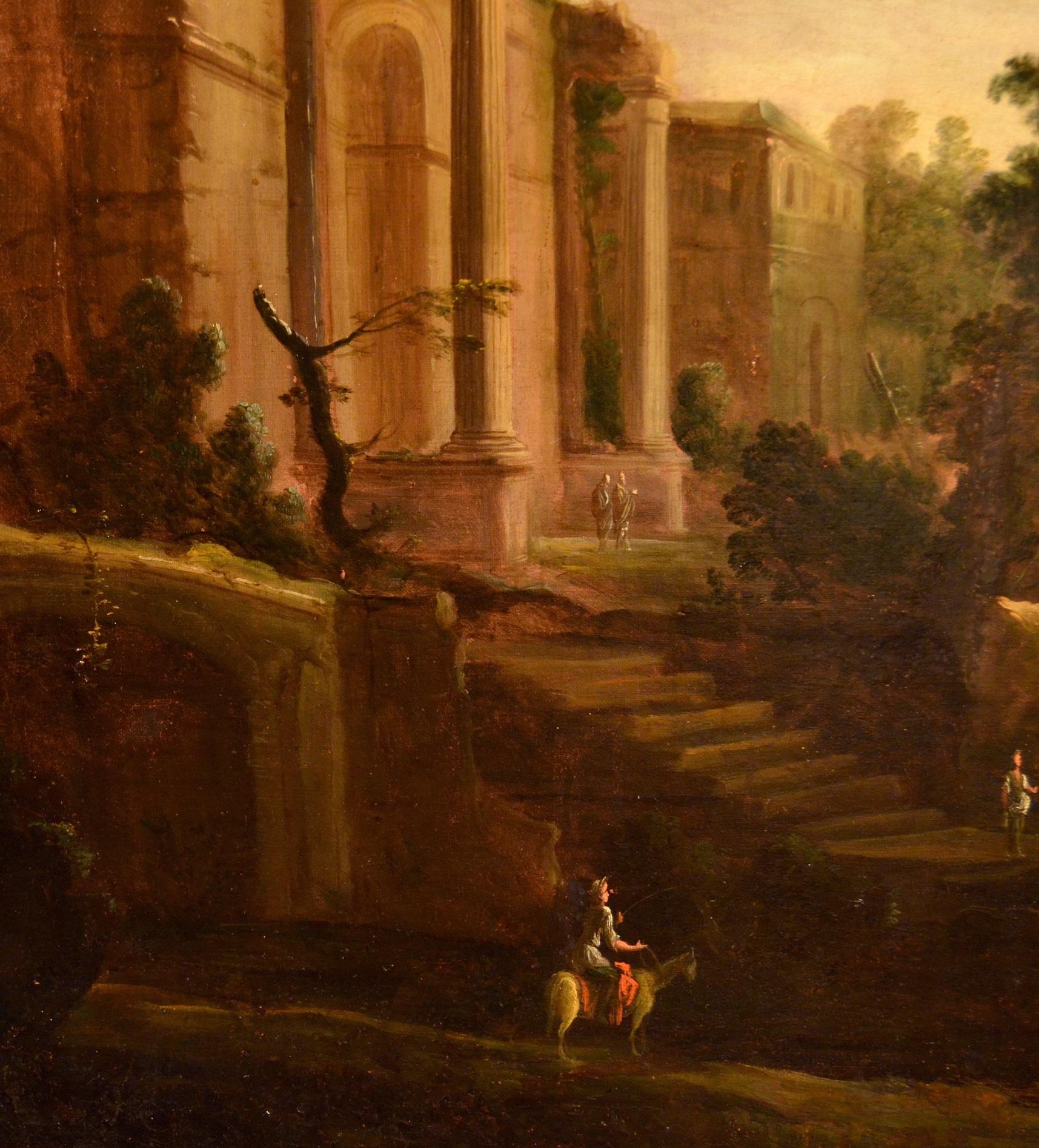Paint Oil on canvas 17th Century Wood Landscape Temple Italy Old master Roma Art - Old Masters Painting by Pierre-Antoine Patel (Paris 1648 - 1707), attributable to