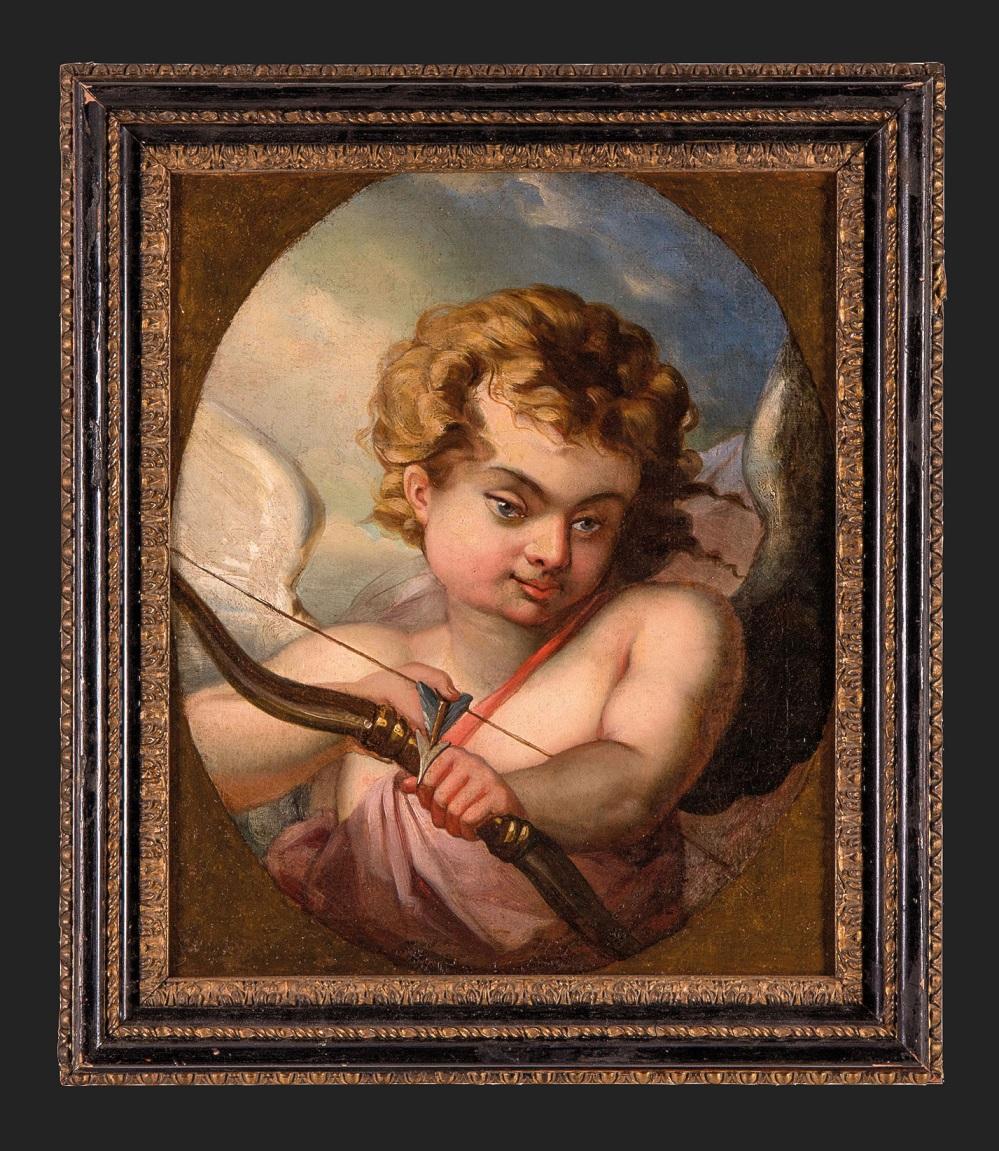 L'école française du XVIIIe siècle
Entourage de François Boucher (Paris 1703 - 1770)
Cupidon qui lance sa flèche

Huile sur toile, 48 x 40 cm
avec cadre 58 x 49 cm.

Le tableau, d'une qualité agréable et d'une grâce typique du XVIIIe siècle, décrit