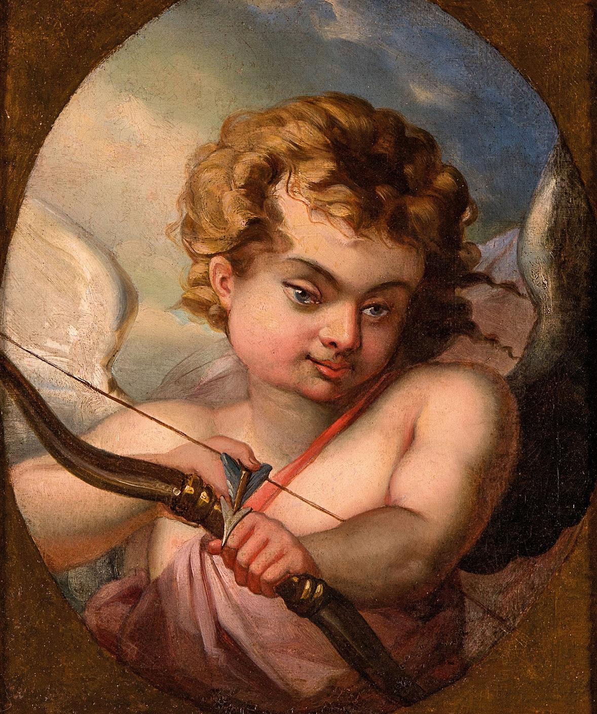 Peinture de Cupidon sur toile, France, néo-classicisme, qualité d'art, 18e siècle - Painting de Entourage de François Boucher (Paris 1703 - 1770)
