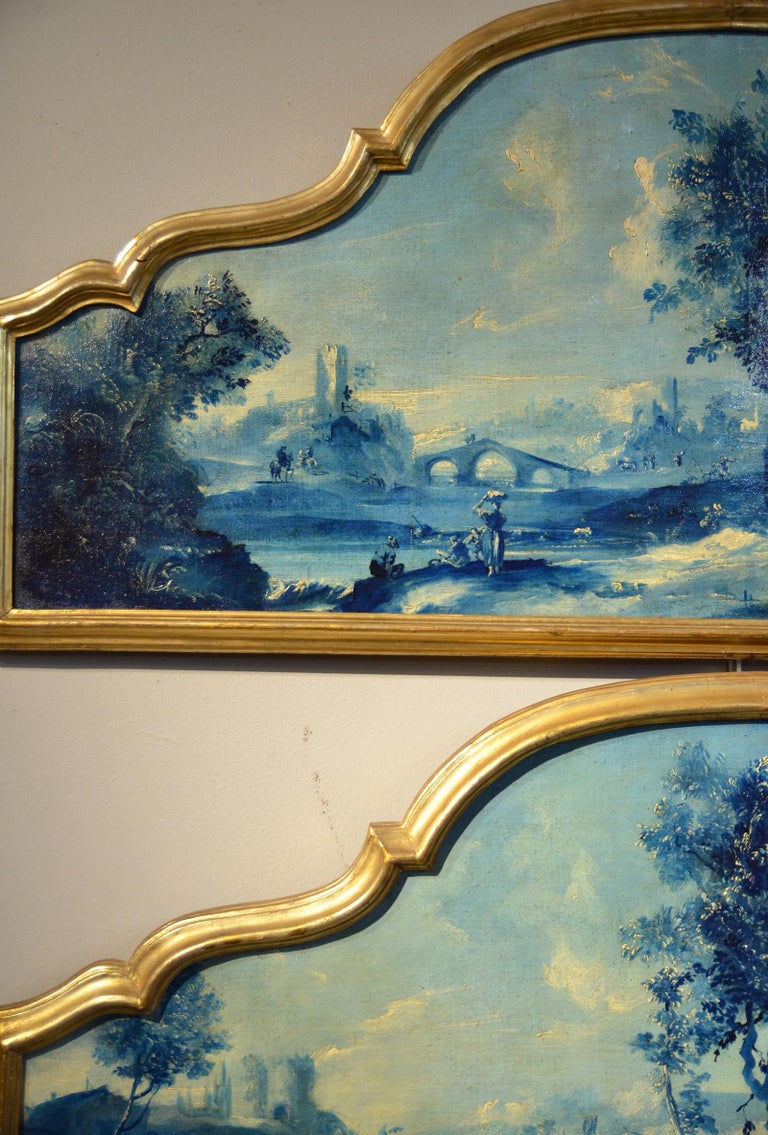 Paint Oil on canvas Pair Landscape Wood See Lake Venezia Italy Baroque Ricci Art For Sale 8