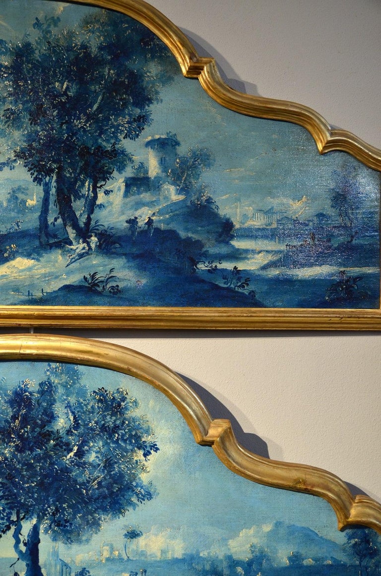 Paint Oil on canvas Pair Landscape Wood See Lake Venezia Italy Baroque Ricci Art For Sale 11