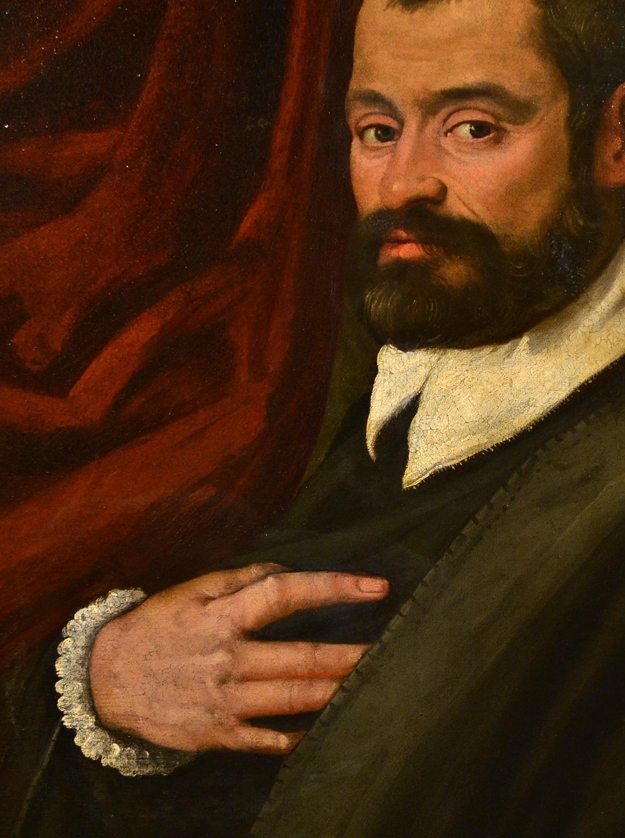 Paint Oil on canvas Portrait Venetian Tintoretto 16th Century Old master Italy  - Black Portrait Painting by Leandro da Ponte known as Leandro Bassano (Bassano, 1557 - Venice, 1622), attributed to