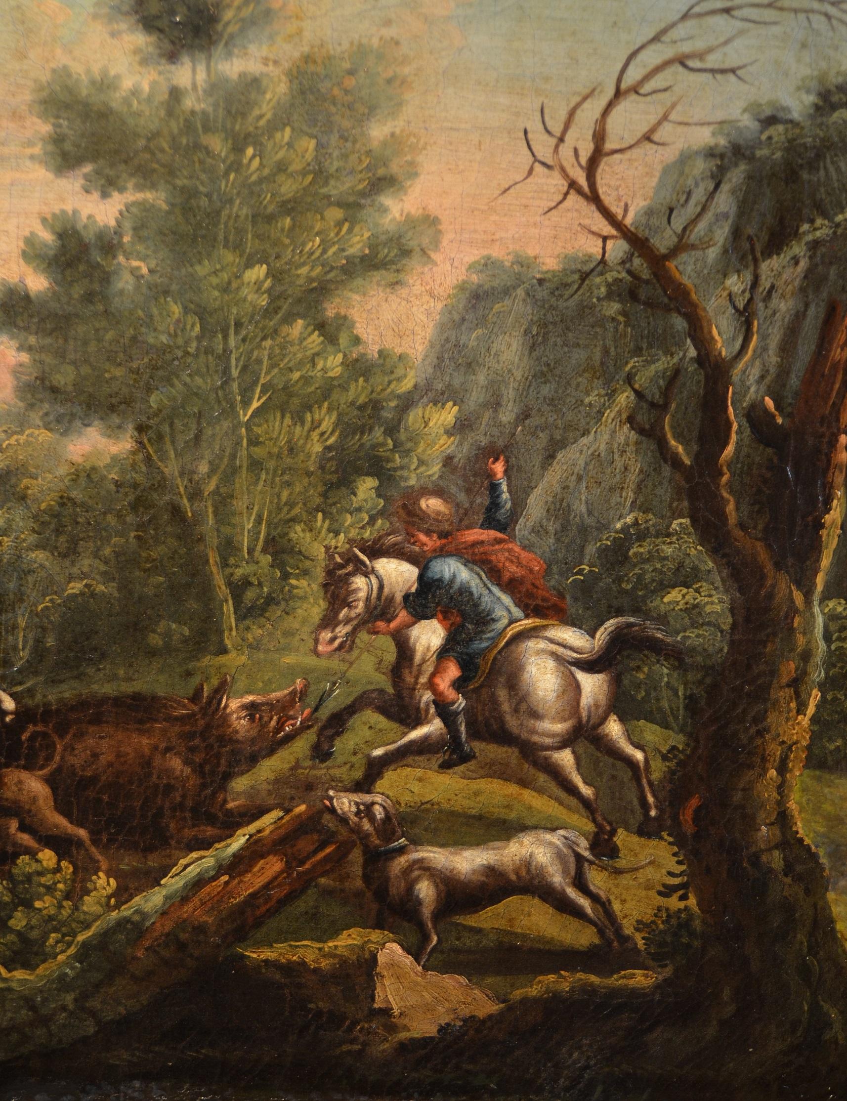 Piedmontese painter of the eighteenth century
Pendant of paintings
Landscape with wild boar hunting scene
Landscape with pastoral scene

Oil on canvas, 66 x 132 cm, framed 68 x 134

We show you this pleasant pendant of paintings, characterized by a
