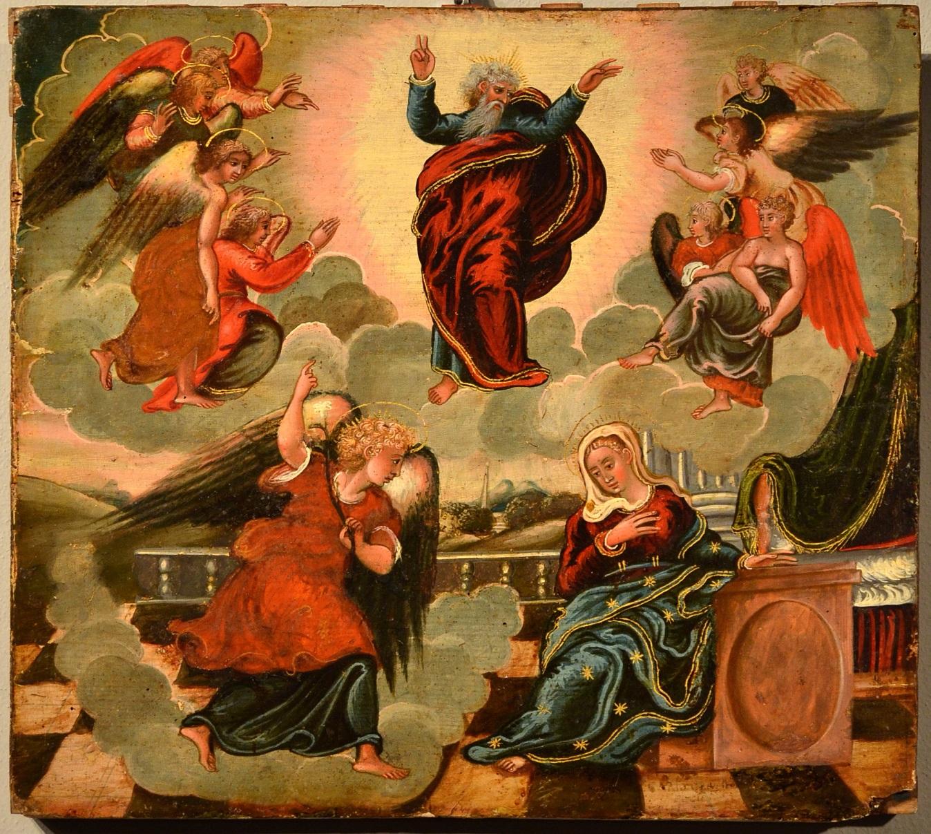 Venetian-Cretan Master, late 16th - early 17th century Landscape Painting - Venetian Old master Paint Tempera on table Italy 16/17th Century Annunciation 