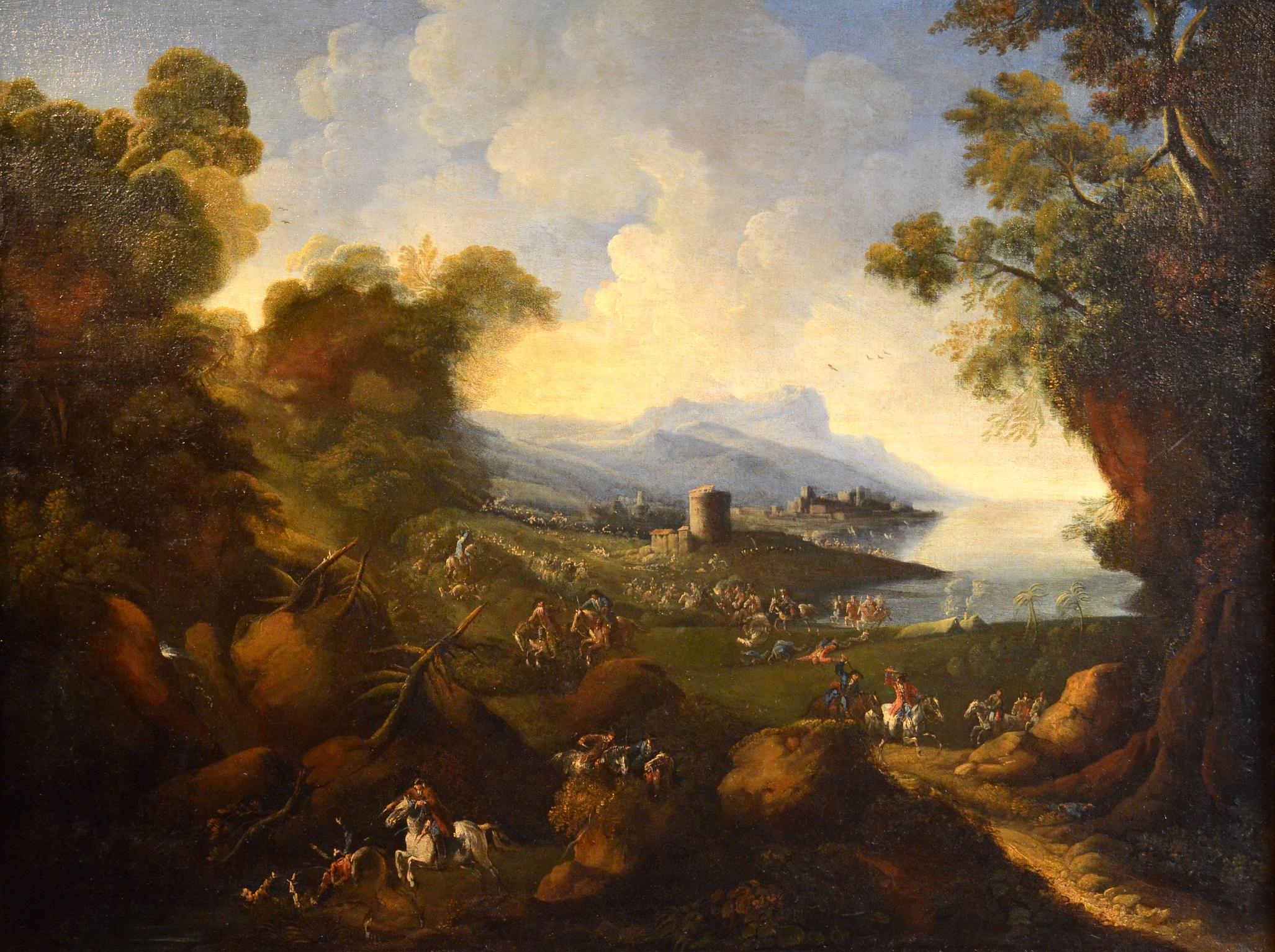 Landscape Painting Pandolfo Reschi known as Monsù Pandolfo (Danzica 1643 - Florence 1699), attributable - Paysage côtier Chevaux Peinture 17ème siècle Huile sur toile Forêt Art ancien Maître