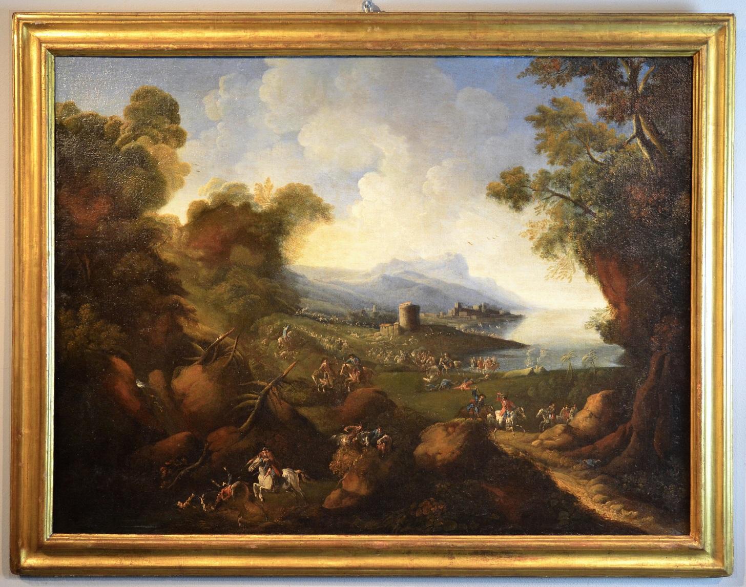 Paysage côtier Chevaux Peinture 17ème siècle Huile sur toile Forêt Art ancien Maître - Painting de Pandolfo Reschi known as Monsù Pandolfo (Danzica 1643 - Florence 1699), attributable