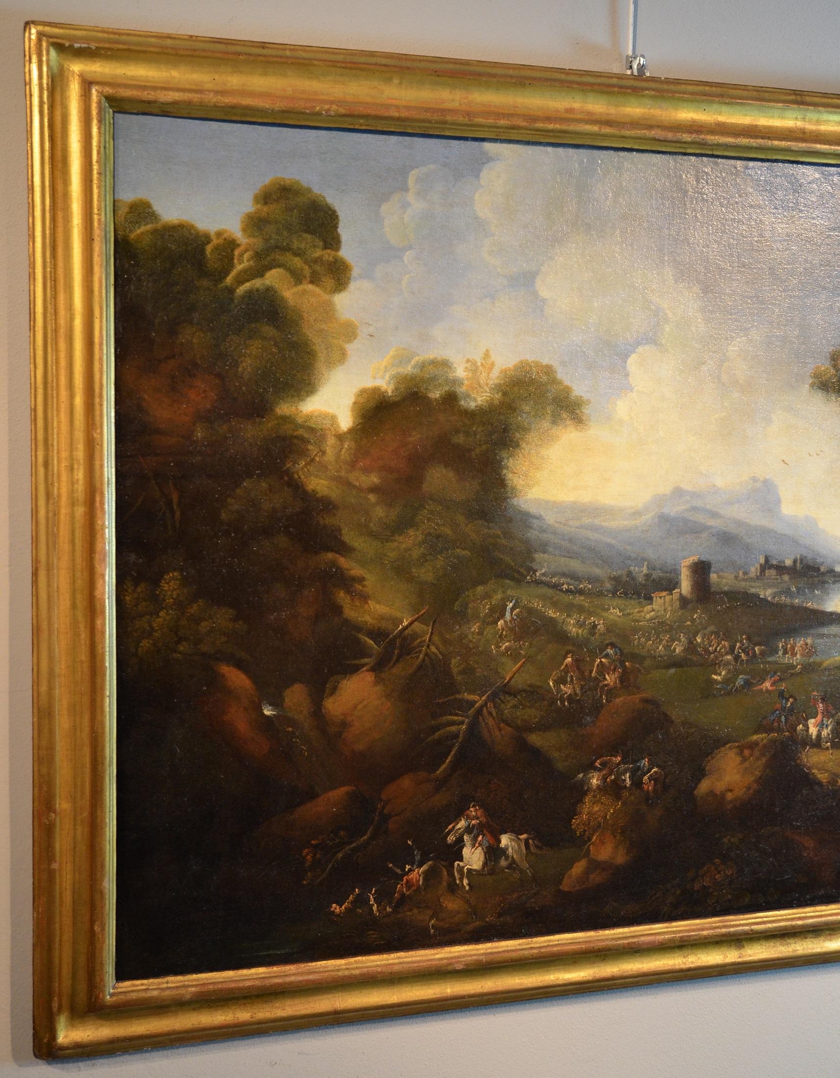 Paysage côtier Chevaux Peinture 17ème siècle Huile sur toile Forêt Art ancien Maître - Marron Landscape Painting par Pandolfo Reschi known as Monsù Pandolfo (Danzica 1643 - Florence 1699), attributable