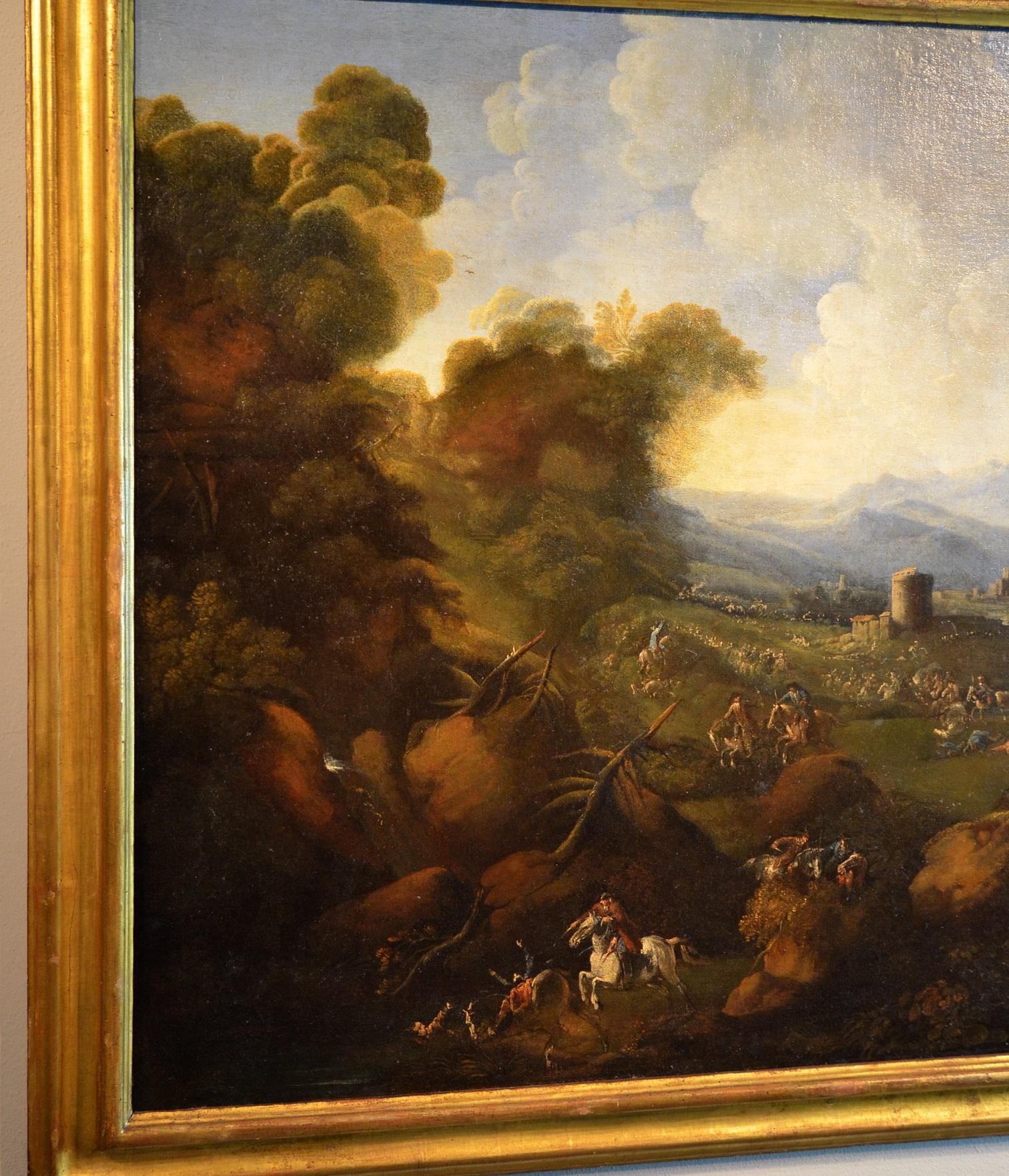 Pandolfo Reschi dit Monsù Pandolfo (Danzica 1643 - Florence 1699), attribuable
Paysage côtier avec ville fortifiée, château avec tour et scène de bataille
peinture à l'huile sur toile
Dimensions : toile 90 x 120, avec cadre 104 x 134

Ce vaste