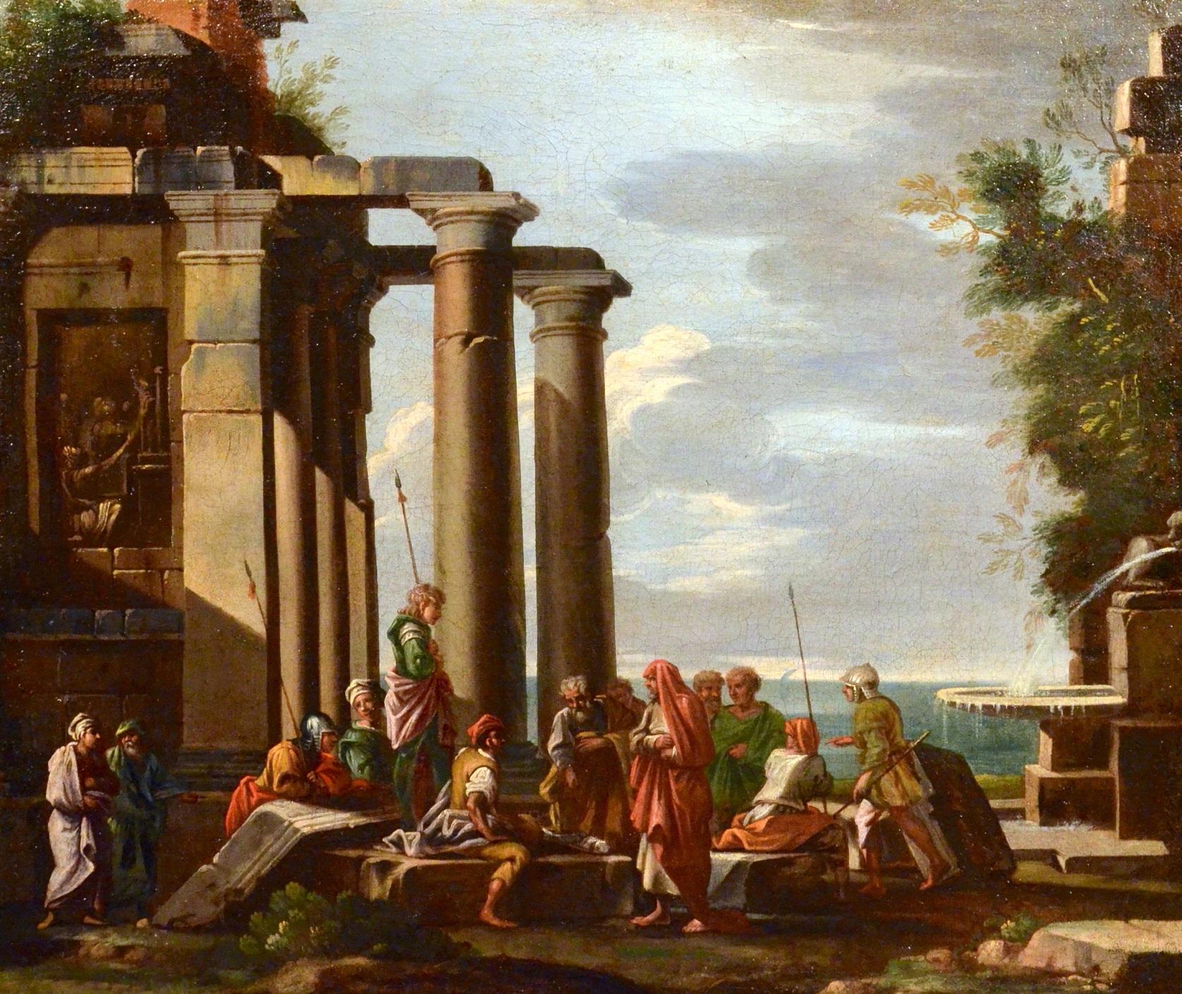 Giovanni Ghisolfi (Milan 1623 - 1683) Landscape Painting – Ghisolfi Gemälde Öl auf Leinwand, alter Meister, 17. Jahrhundert, architektonische Capriccio-Kunst