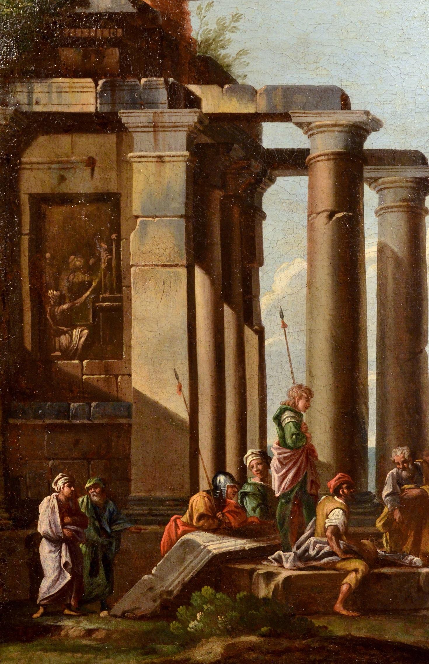 Giovanni Ghisolfi
(Mailand 1623 - 1683)
Architektonisches Capriccio mit Ruinen eines ionischen Tempels

Ölgemälde auf Leinwand
73 x 87 cm,
in einem vergoldeten Holzrahmen 87 x 100 cm.

Diese qualitative Ansicht mit Laune vor dem Hintergrund eines