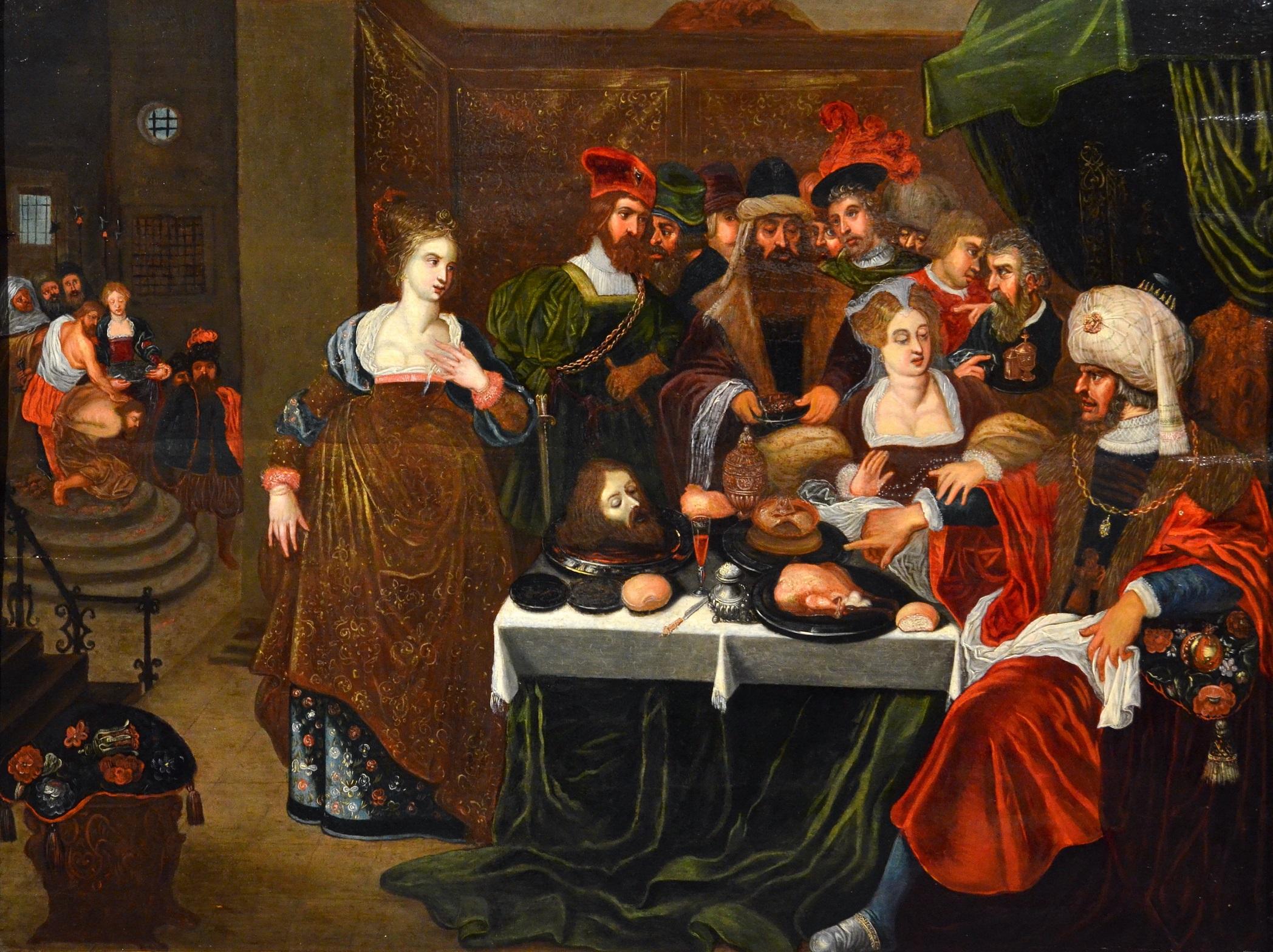 Banquet Attrib to Van Den Hoecke Religious Oil on Table Old Master 17th Century - Painting by Gaspar van den Hoecke (Antwerp, 1585 - 1648)