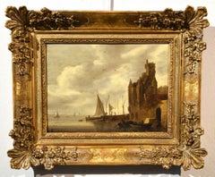 Antique De Hulst Paint Oil on canvas Old master 17th Century River Landscape Port See 