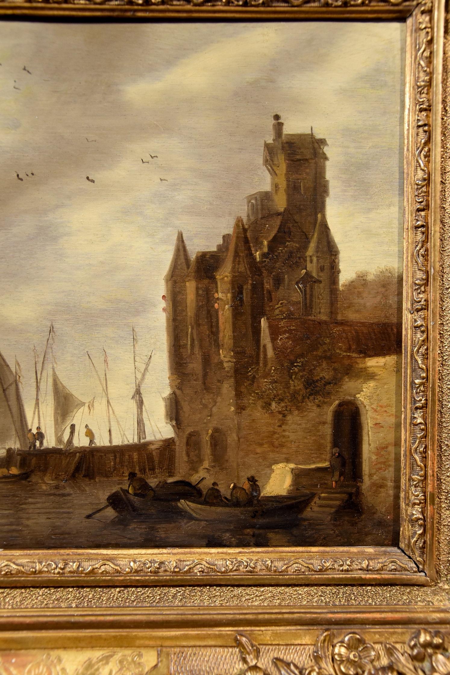 De Hulst Paint Oil on canvas Old master 17th Century River Landscape Port See  2