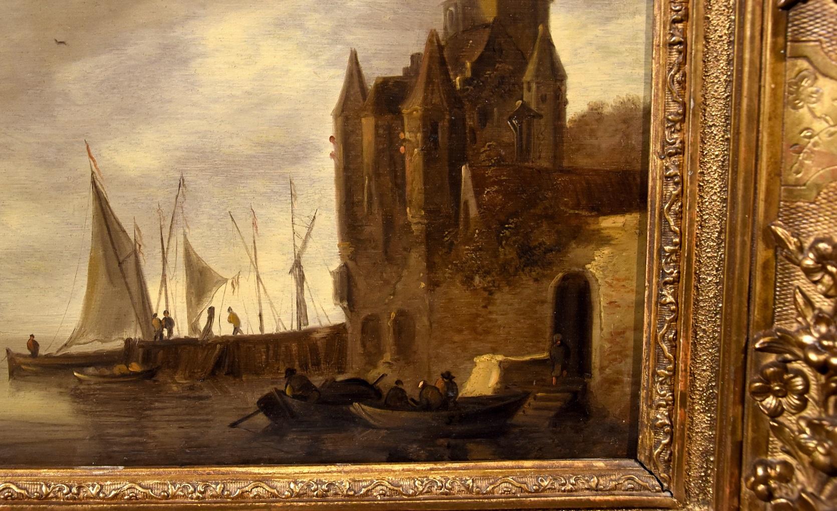 De Hulst Paint Oil on canvas Old master 17th Century River Landscape Port See  7