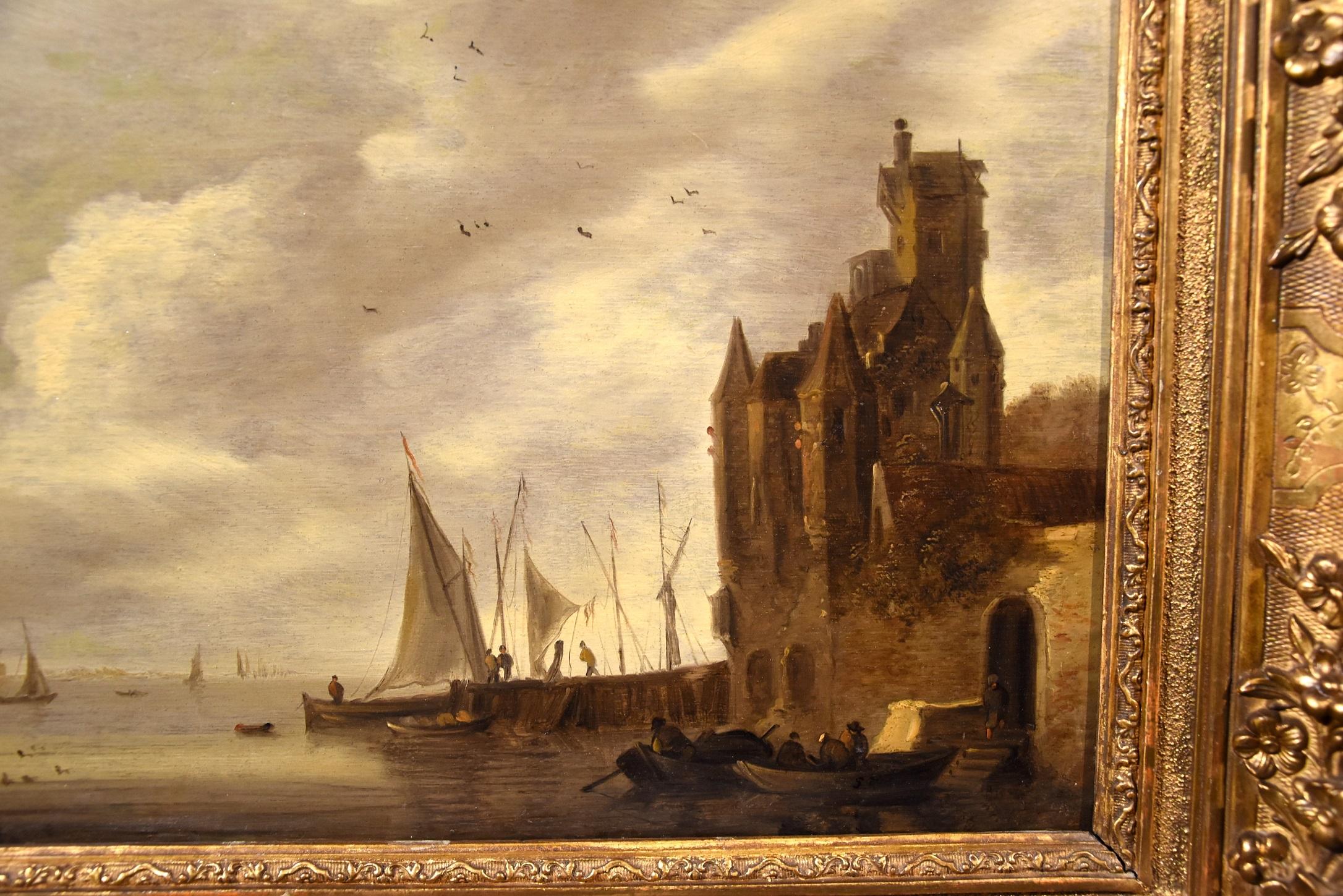 De Hulst Paint Oil on canvas Old master 17th Century River Landscape Port See  8