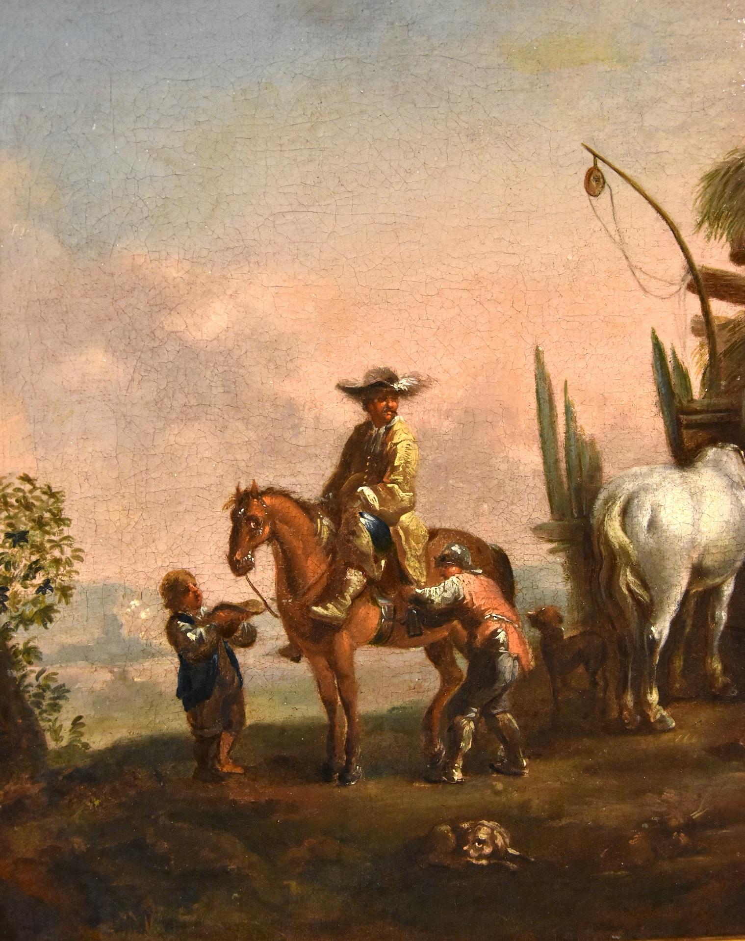 Nach Simon Johannes van Douw (Antwerpen ca. 1630 - ca. 1677) 
Der Halt eines Reisenden zu Pferd in der Nähe einer Poststation

Ölgemälde auf Leinwand
45 x 55 cm
Im Rahmen cm. 55 x 65

In diesem angenehmen Gemälde, das einen Ritter darstellt, der in