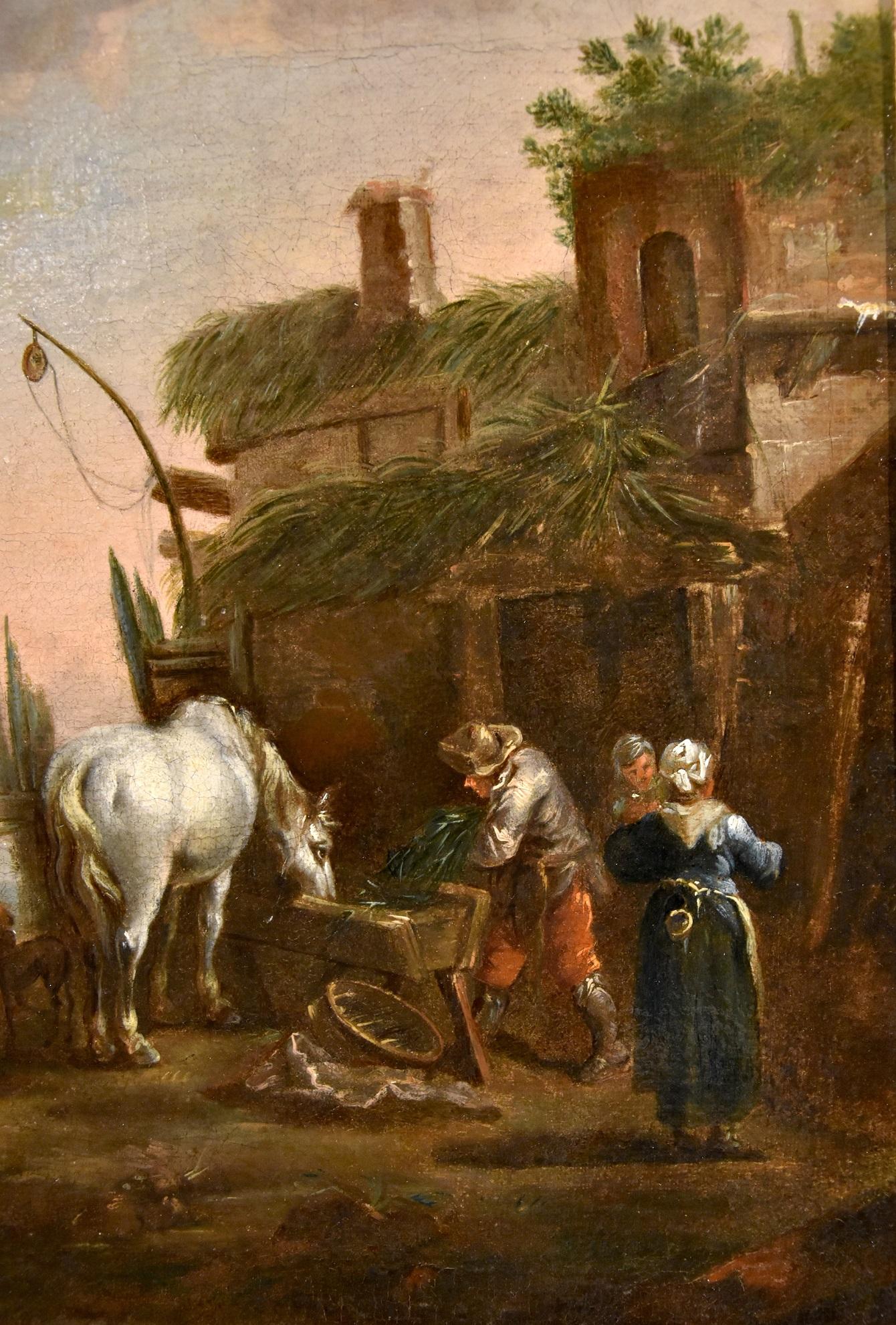 After Simon Johannes van Douw (Antwerp c. 1630 - c. 1677) 
The stop of a traveler on horseback near a post station

Oil painting on canvas
45 x 55 cm
In frame cm. 55 x 65

In this pleasant painting, depicting a knight parked near a post station, the