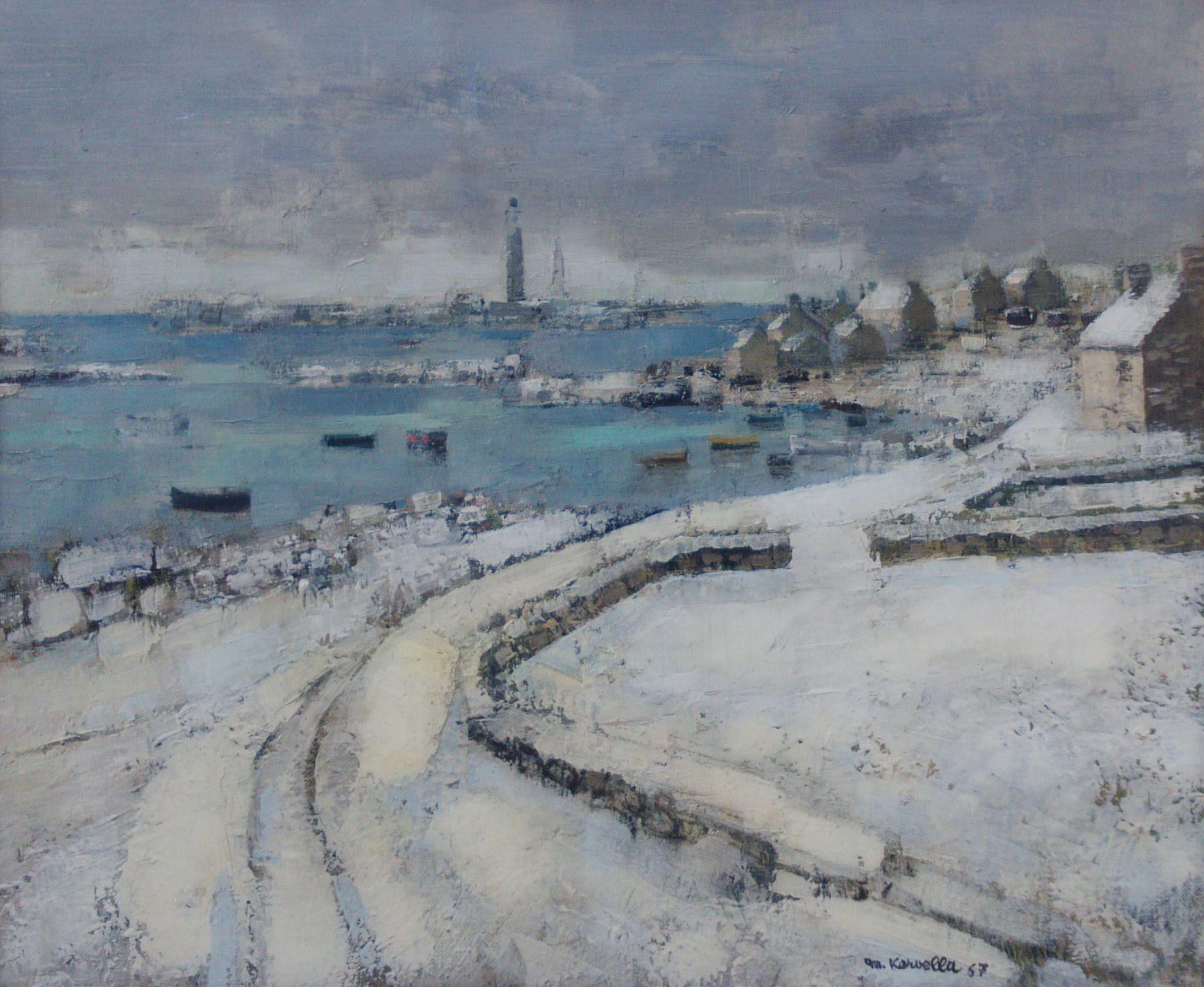 Marcel Kervella Landscape Painting - Winter in Brittany, France, Seaside snow, French Post Impressionist ex Petrides