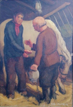 A new horse! French rural equestrian scene, country life, antique oil