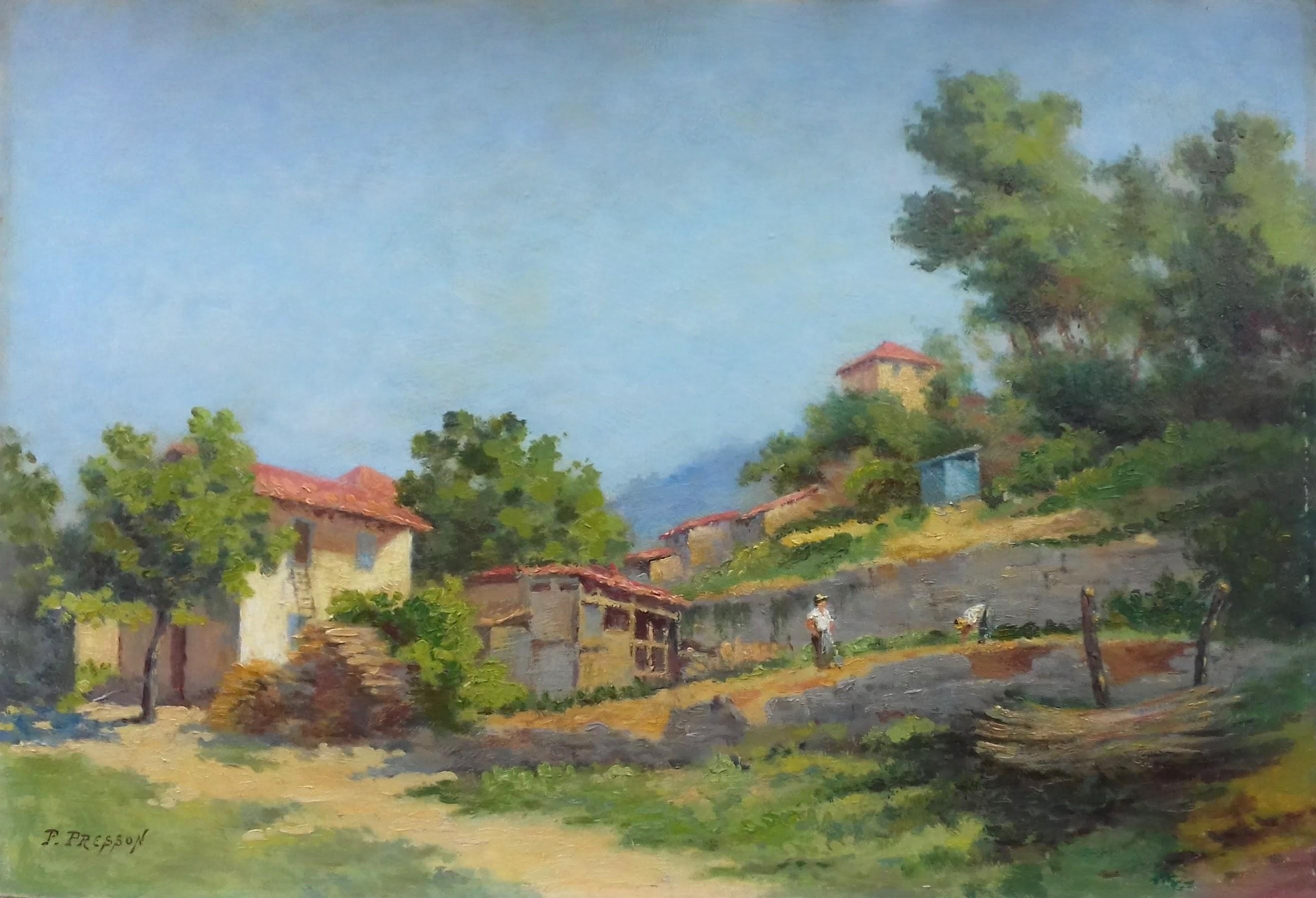 Pol Presson Figurative Painting - French sunny South of France France Provence farmhouse painting gardening scene