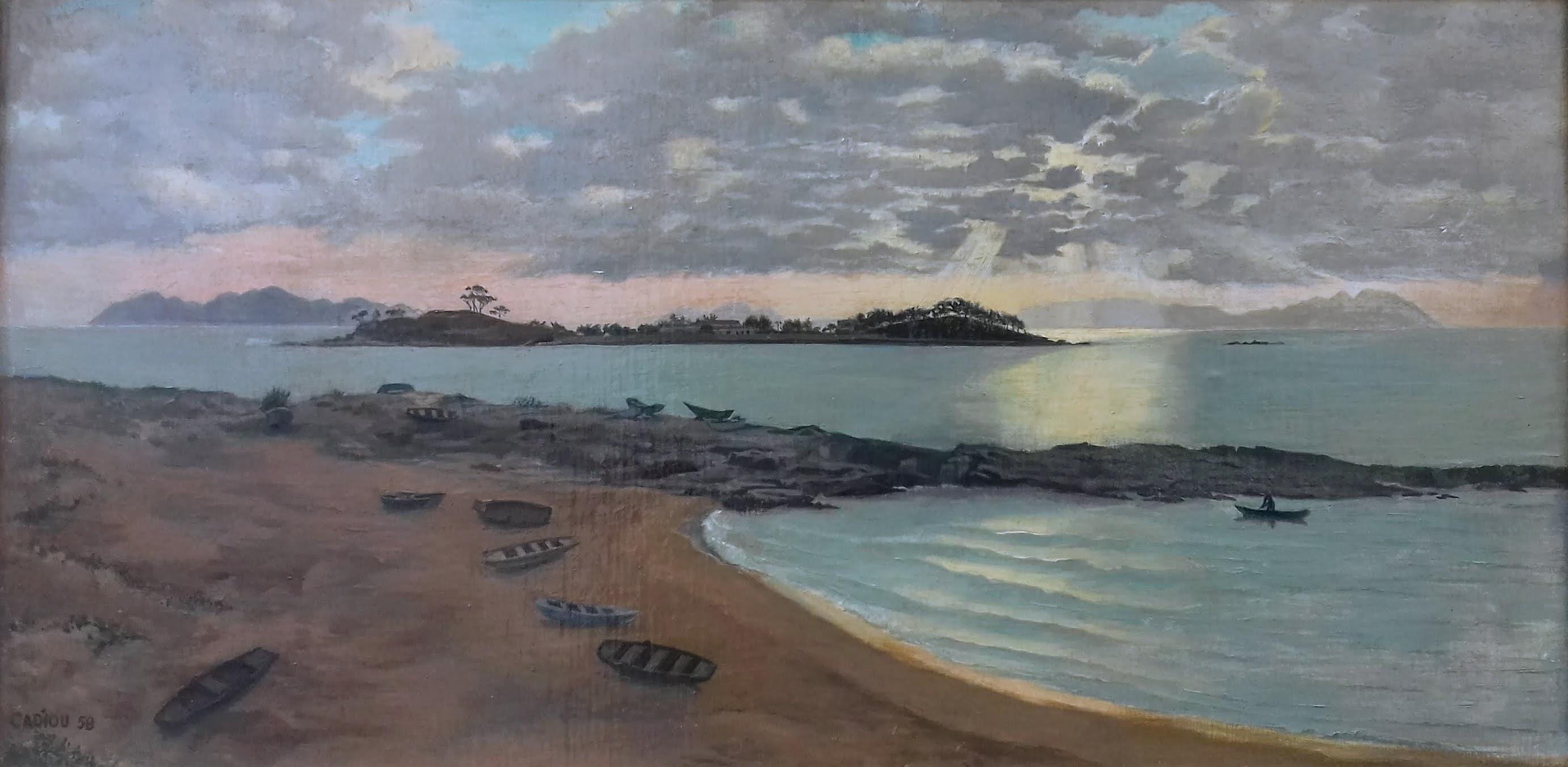 Henri Cadiou Landscape Painting - Mid Century Hyper Realist Marine with Boats Vigo Bay Spain, French Oil