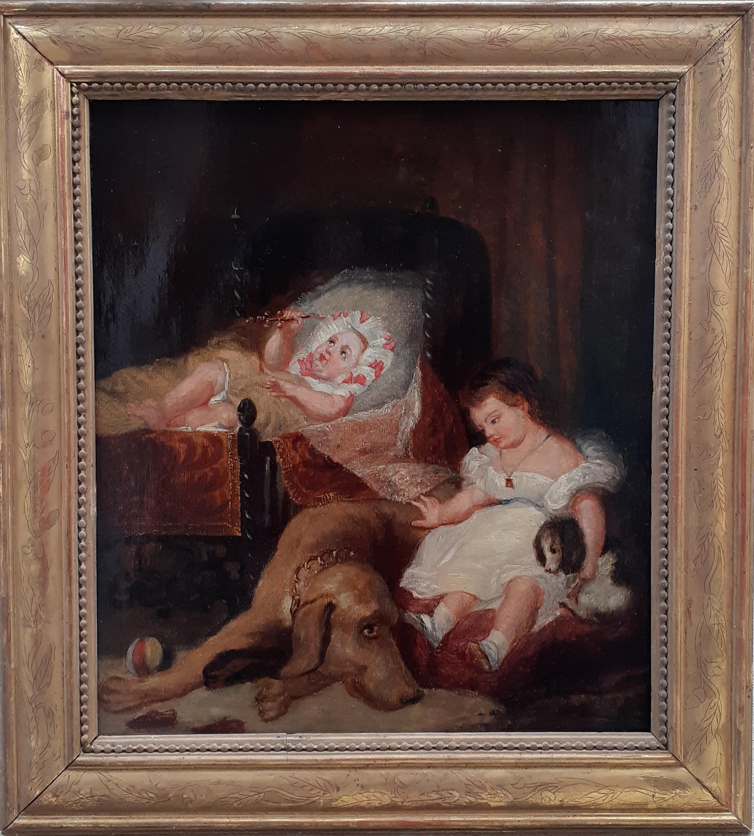 Family scene, children dog and pup, French painting by Delacroix' prodigy friend