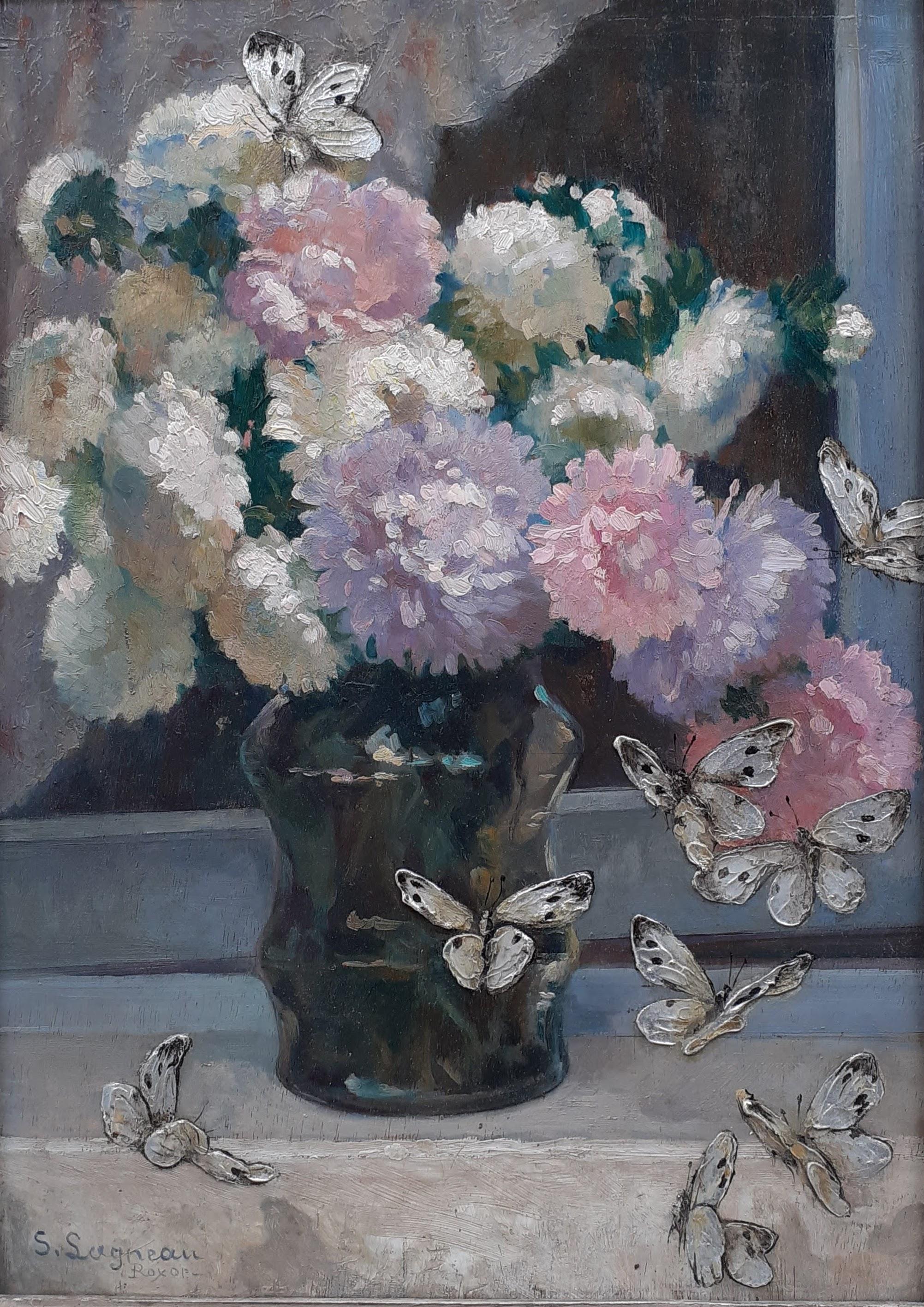 Flowers and Butterflies: French art nouveau floral still life oil painting - Painting by Suzanne Raphaelle Lagneau