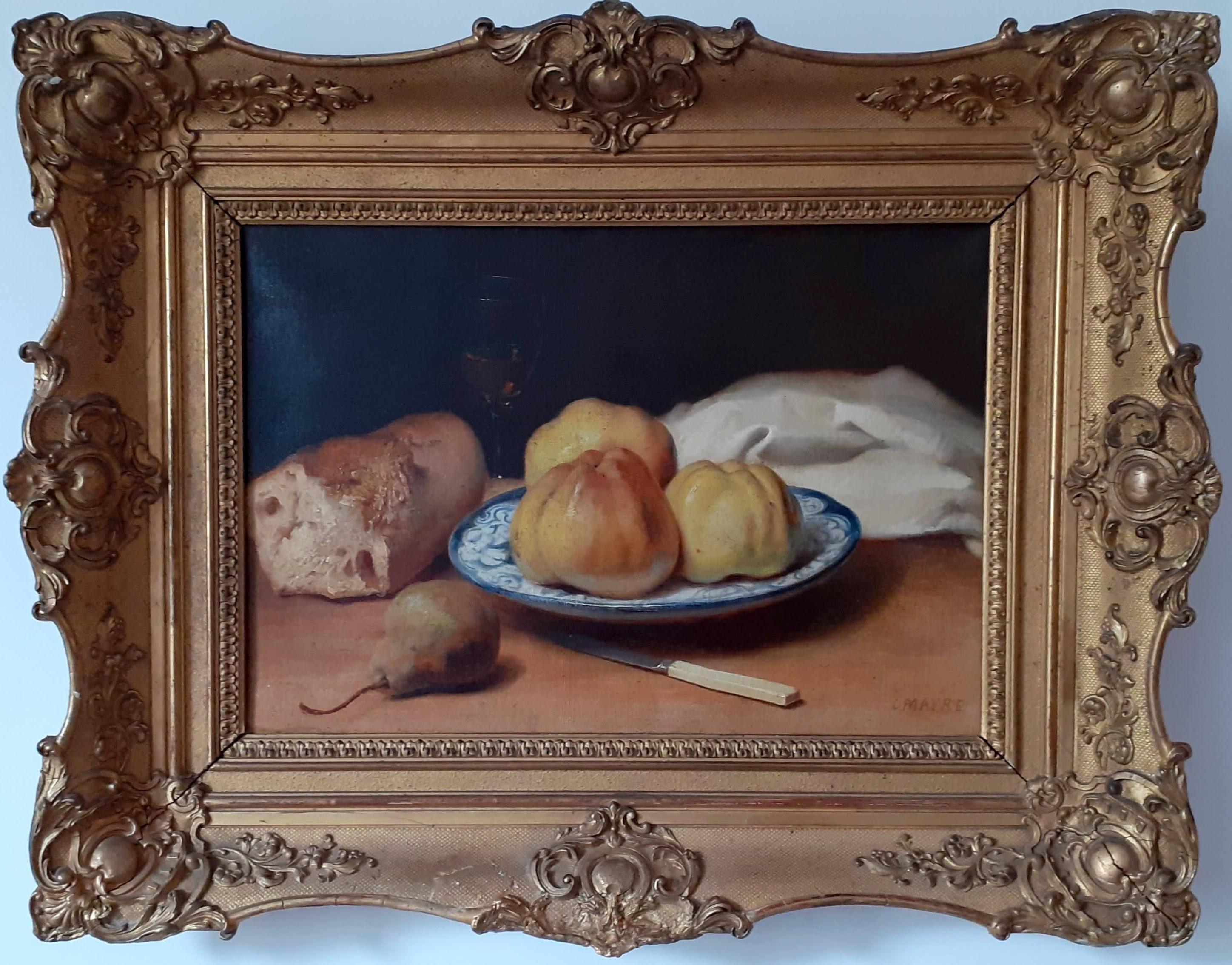 Rustic Apples and Bread Food Still Life French Salon Academic Antique Painting  