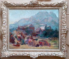 Antique Evening Prayer in The Polish Mountains by woman artist large jewel coloured oil 