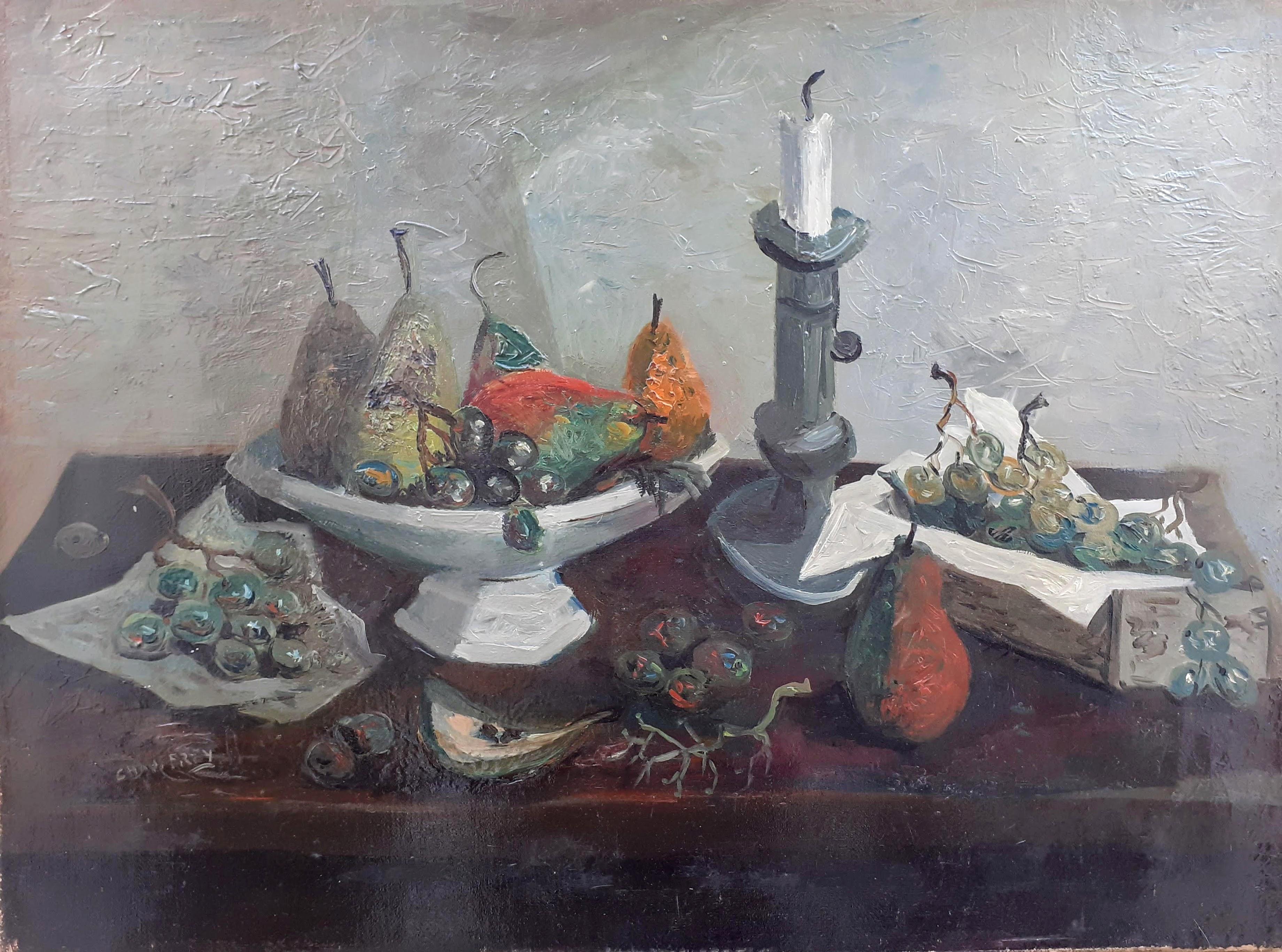 Grande peinture d'intérieur moderniste du milieu du siècle - Nature morte - Poires et raisins  - Painting de Jean Bernard Chauffrey