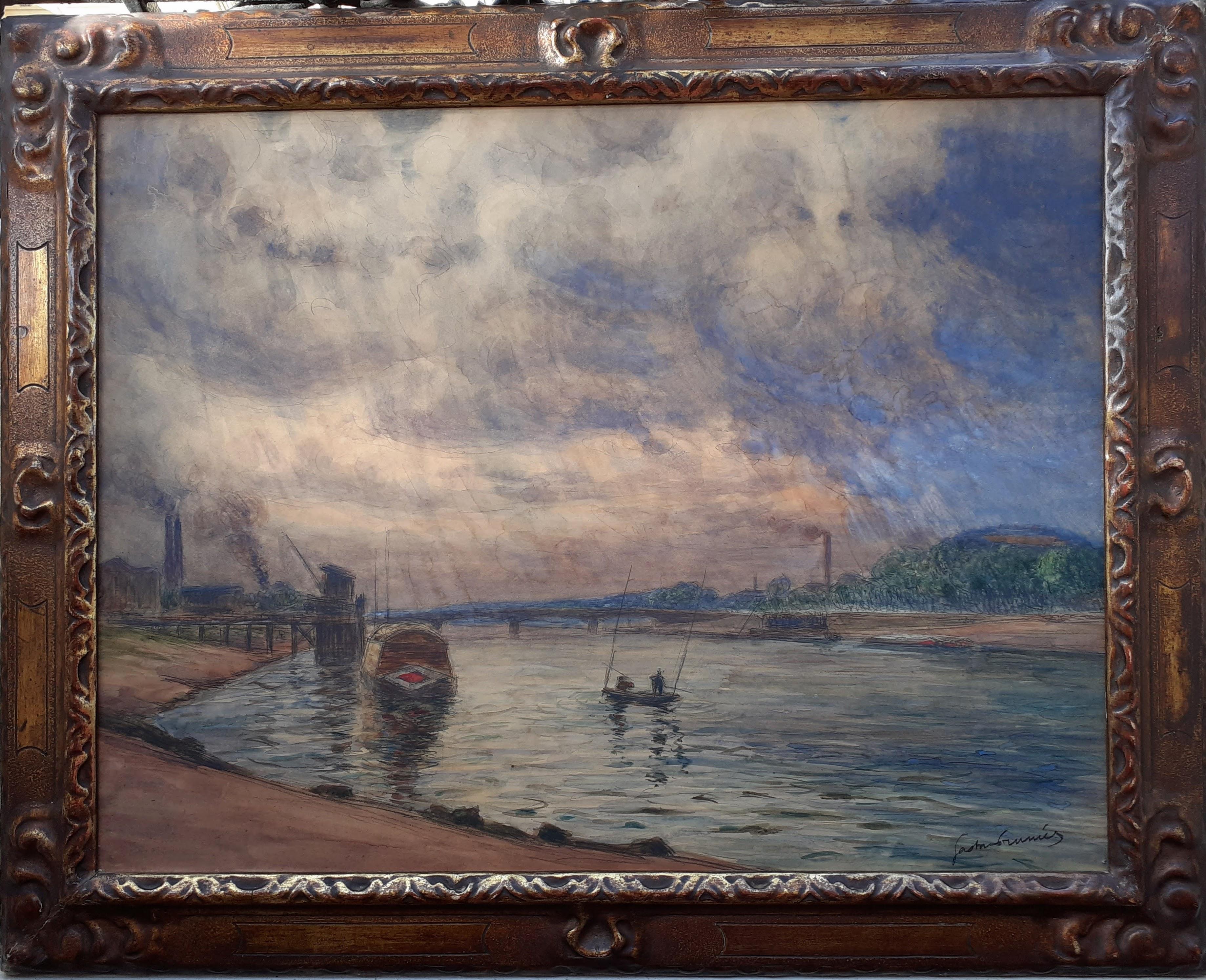 Grand ciel, nuages au-dessus de la rivière Seine - Peinture de paysage impressionniste française