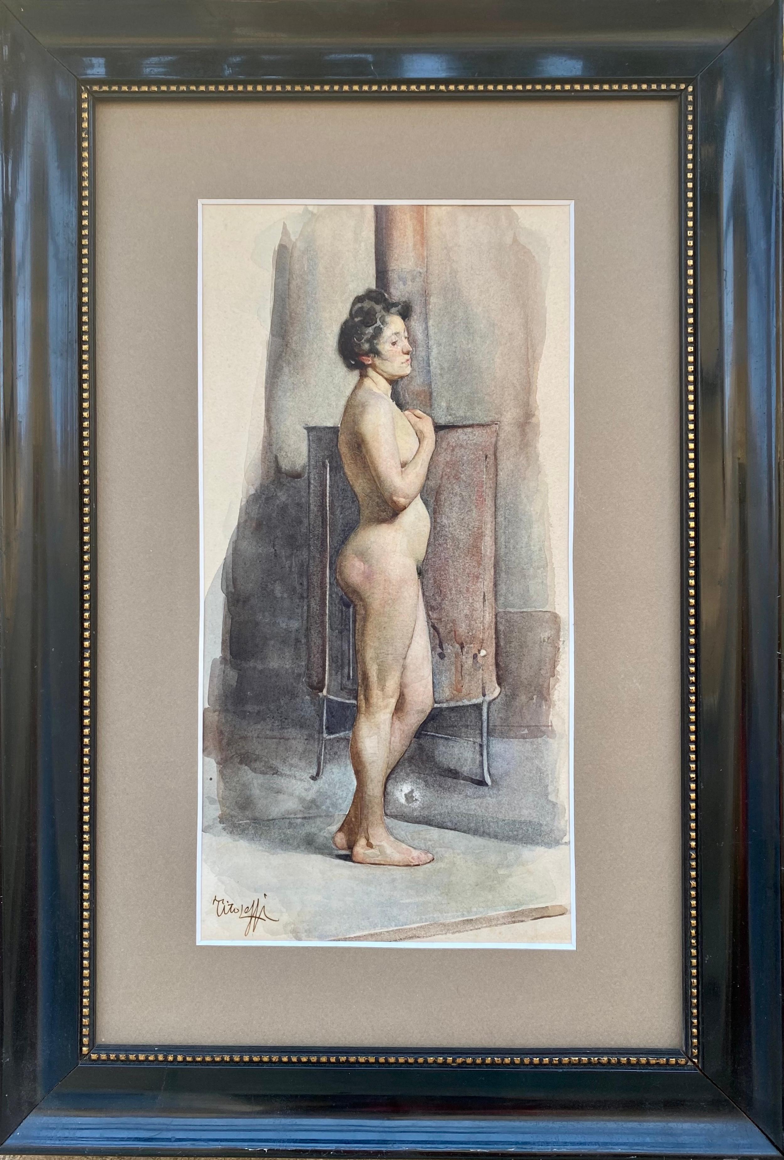 Nude Tito Lessi - Peinture italienne Art nouveau nue boudoir se réconfortant par un poêle Paris