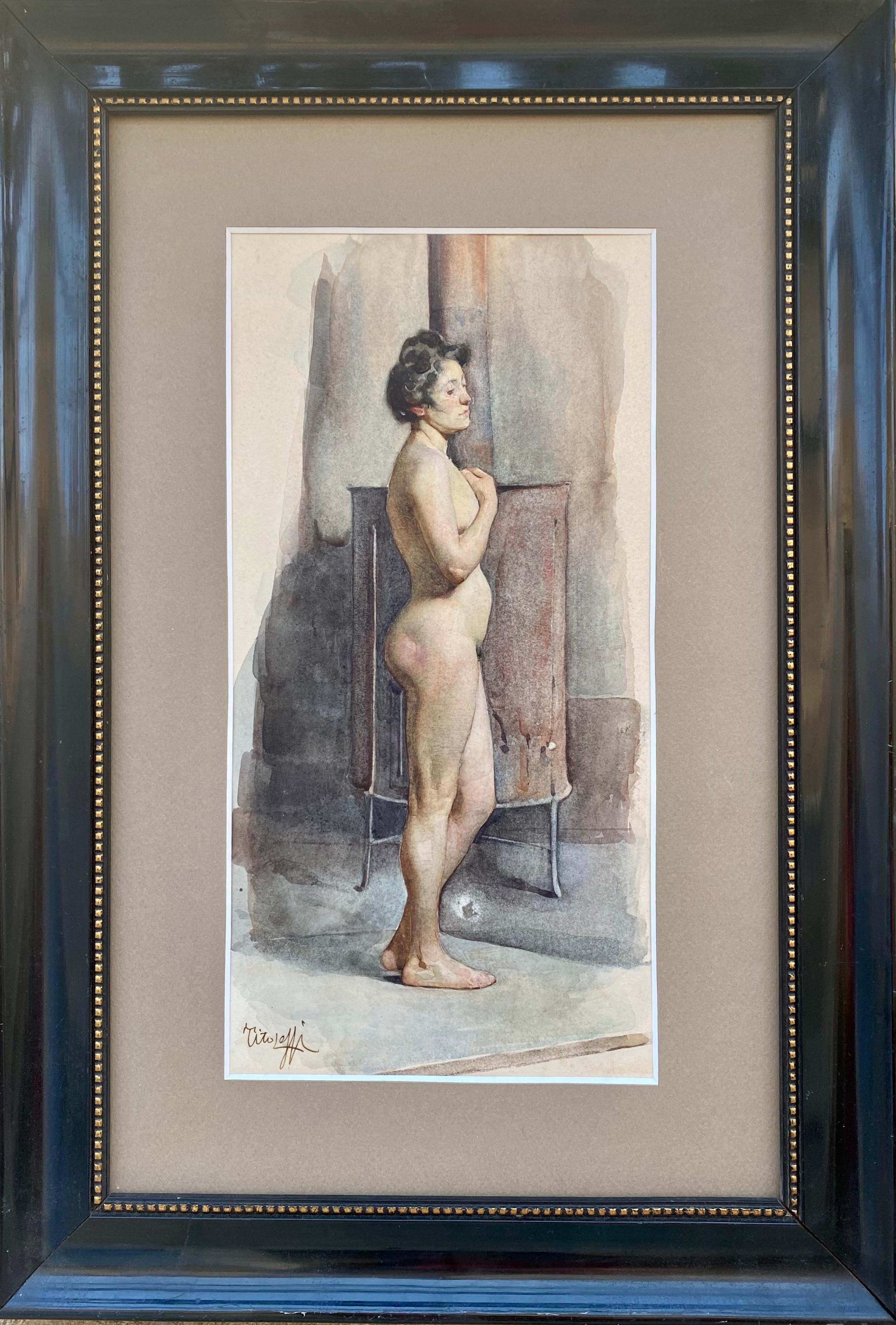 Pintura italiana Art nouveau Desnudo Boudoir mujer calentándose junto a una estufa París