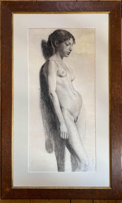 Lost in thought: Daydreaming Nude 19th Century large symbolist French drawing