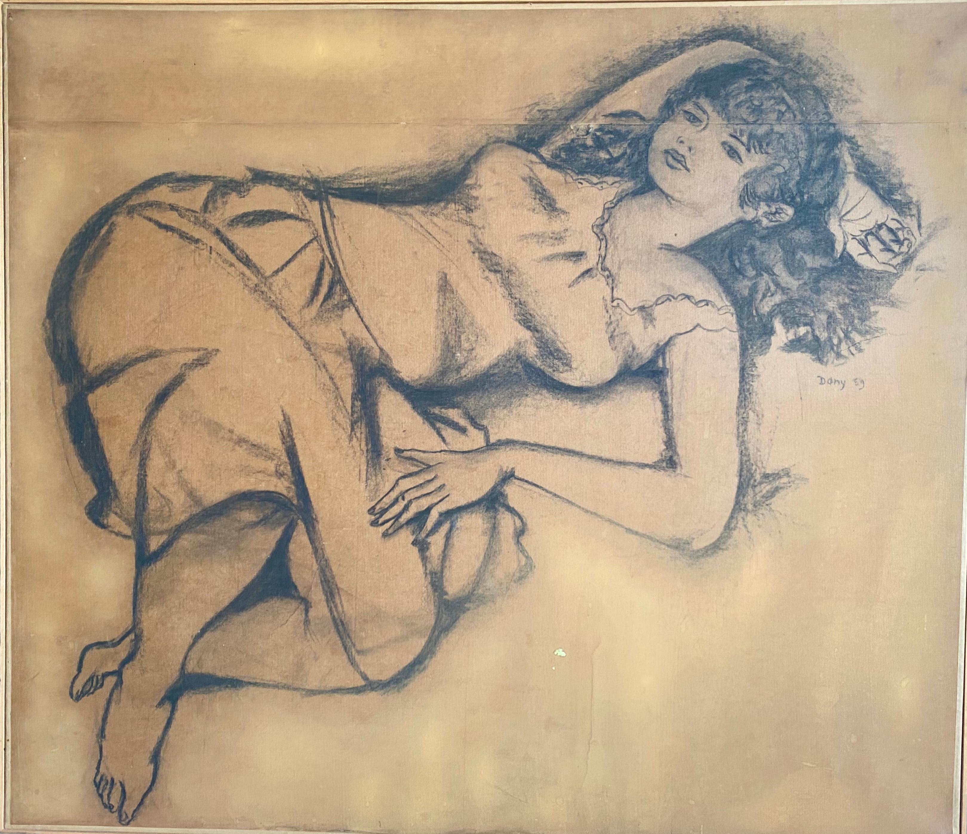 Dany Lartigue Figurative Art - Summer Siesta 1959 New Wave period large drawing relaxed young woman daydreaming