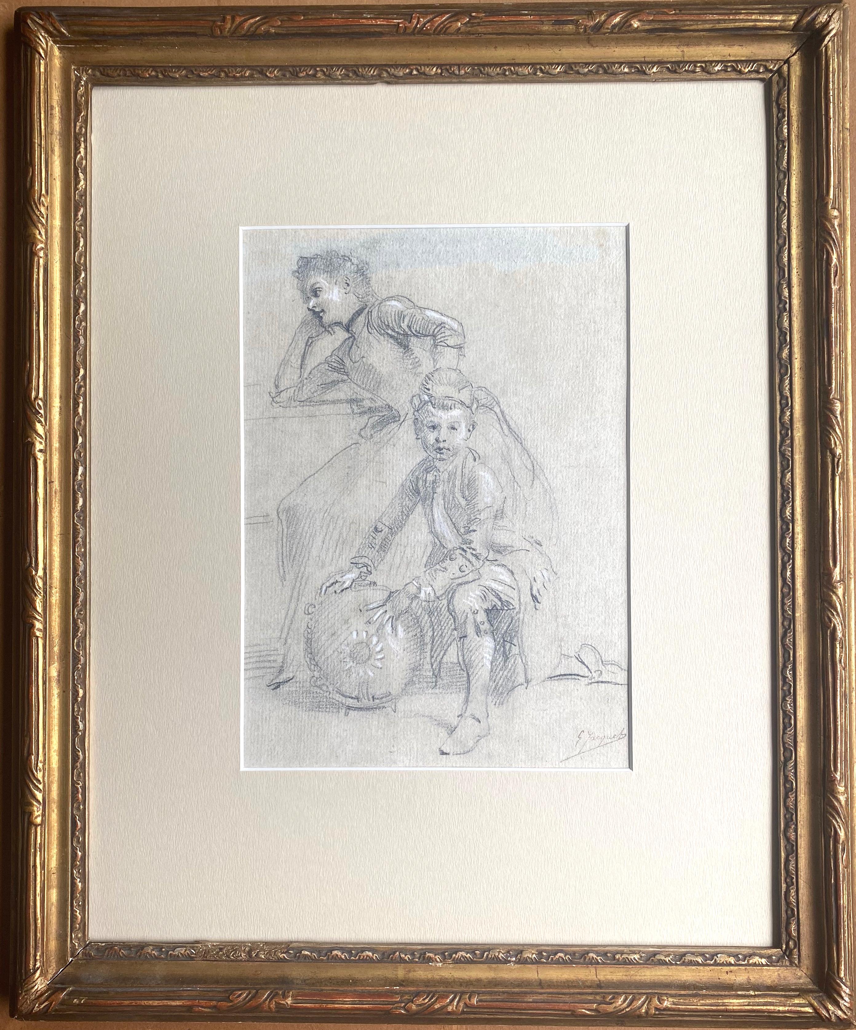 Figurative Art Gustave Jean Jacquet - Femme en pensée et Child & Child : le page boy intriguant Dessin de maître du 19e siècle