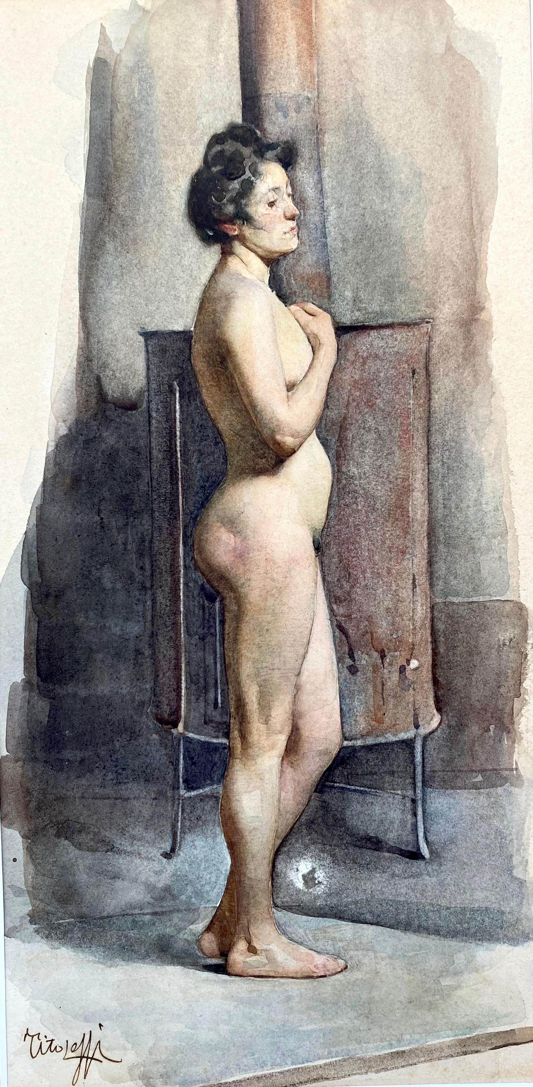 Peinture italienne Art nouveau nue boudoir se réconfortant par un poêle Paris - Gris Nude par Tito Lessi
