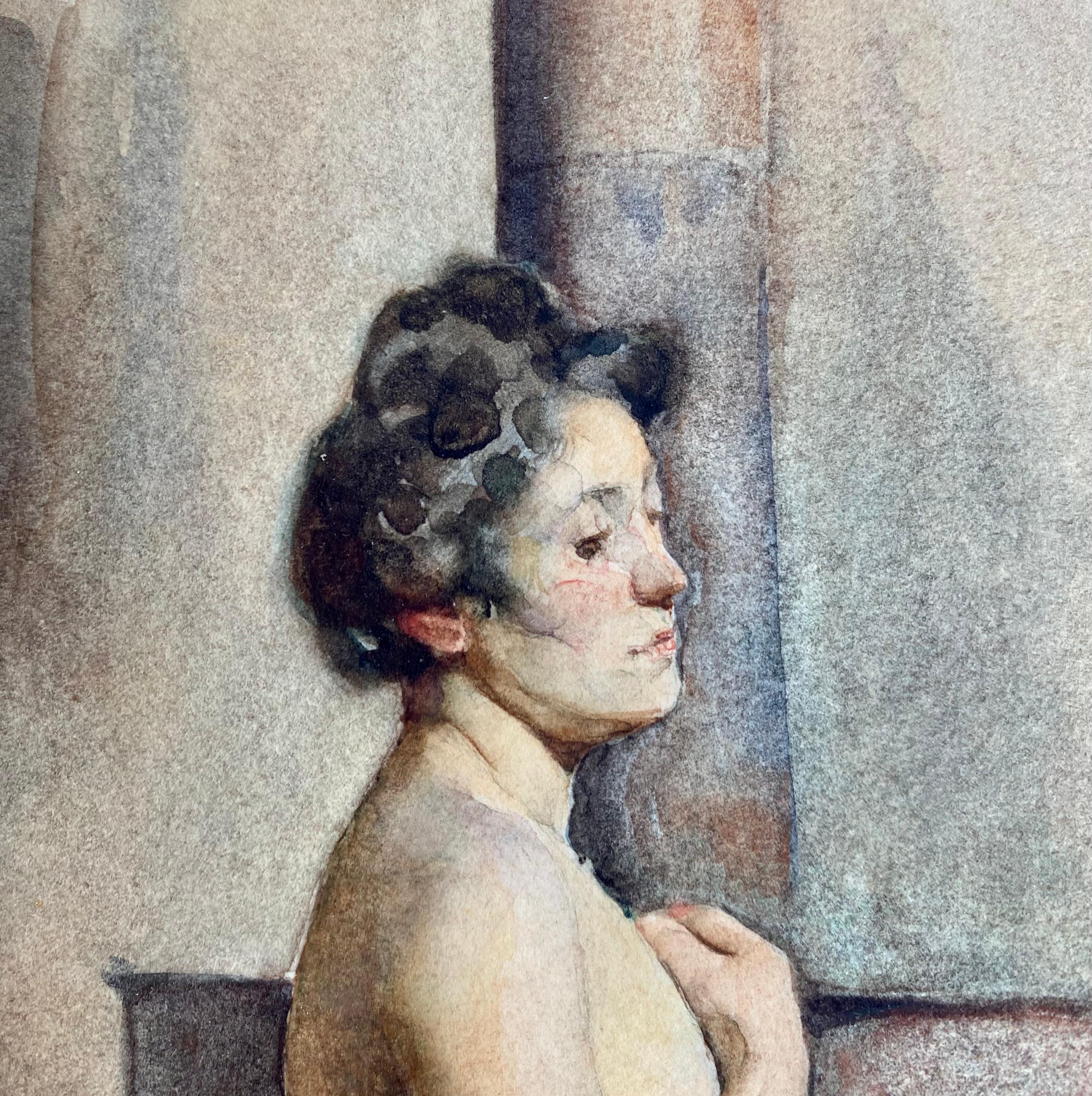 A very pure and tender rendition of a female nude. Elegant in its simplicity, the artist's model, is warming herself by a large stove!
It is a work by Tito Lessi dating from circa 1890.  Lessi was born in Florence, Italy and studied at the