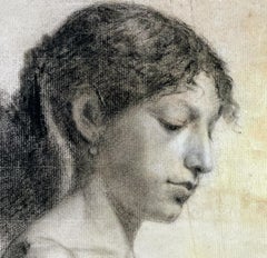 Lost in thought: Daydreaming Nude 19th Century large symbolist French drawing