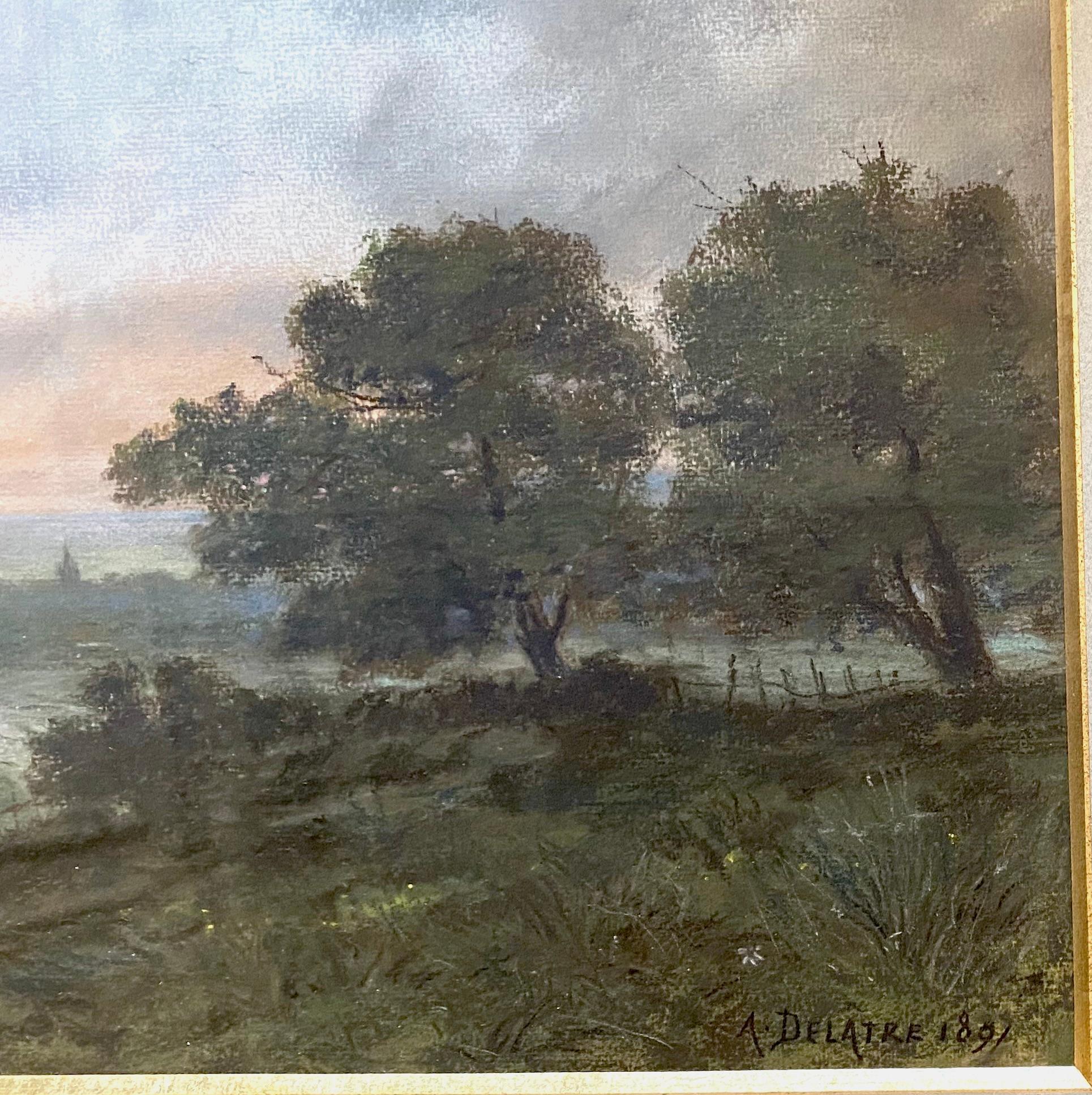 Paysage d'été de Delâtre, l'ami artiste français de Whistler, connexion Barbizon - Gris Landscape Art par Auguste Delatre